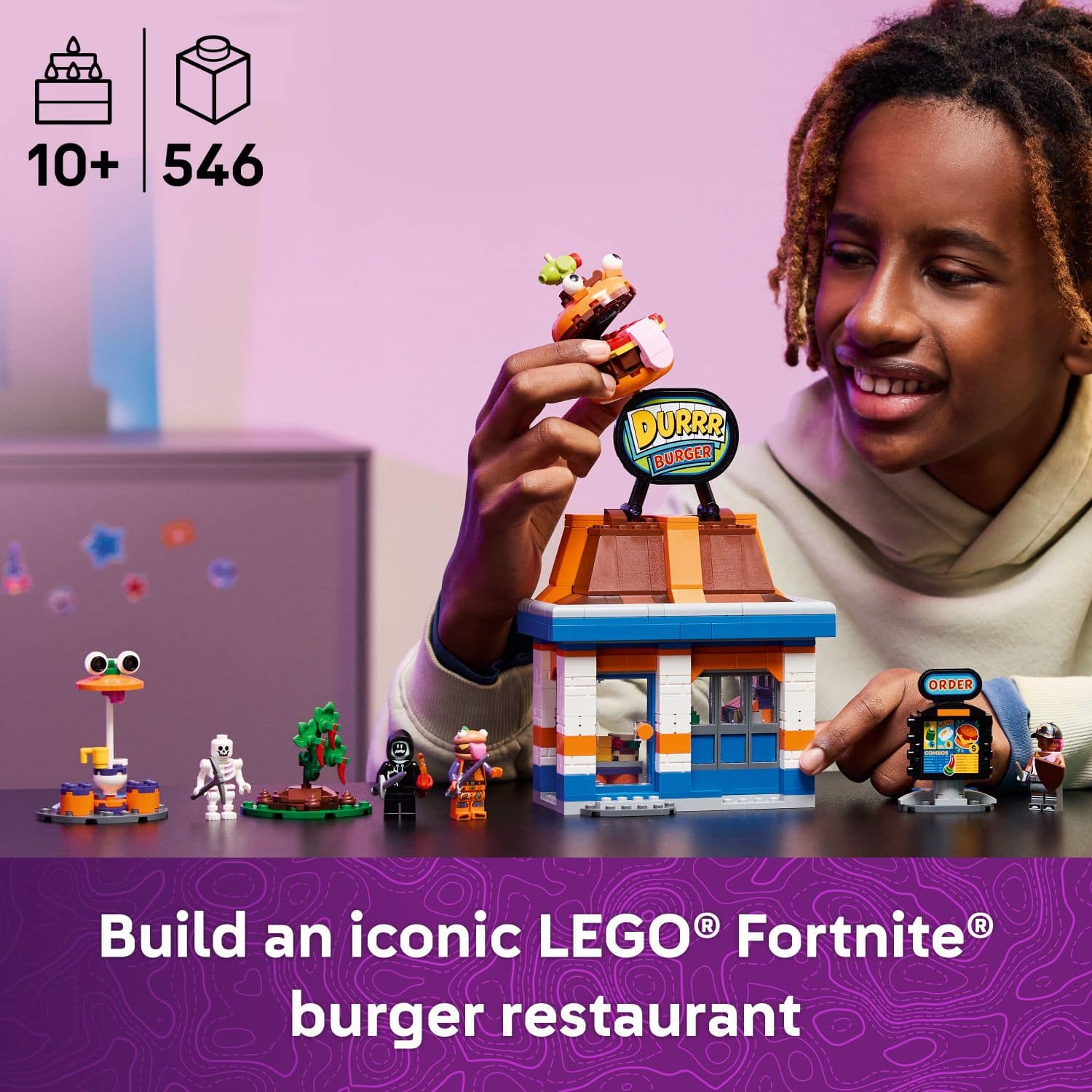 Build an iconic LEGO Fortnite burger restaurant.