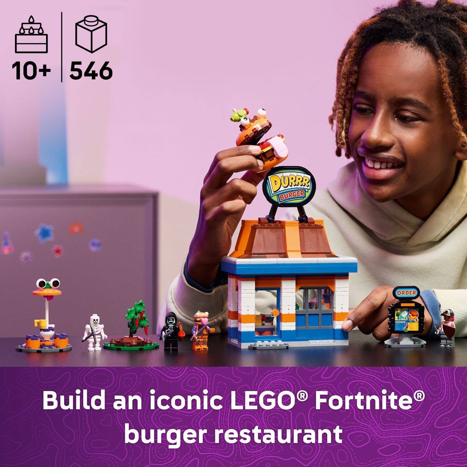 Build an iconic LEGO Fortnite burger restaurant.