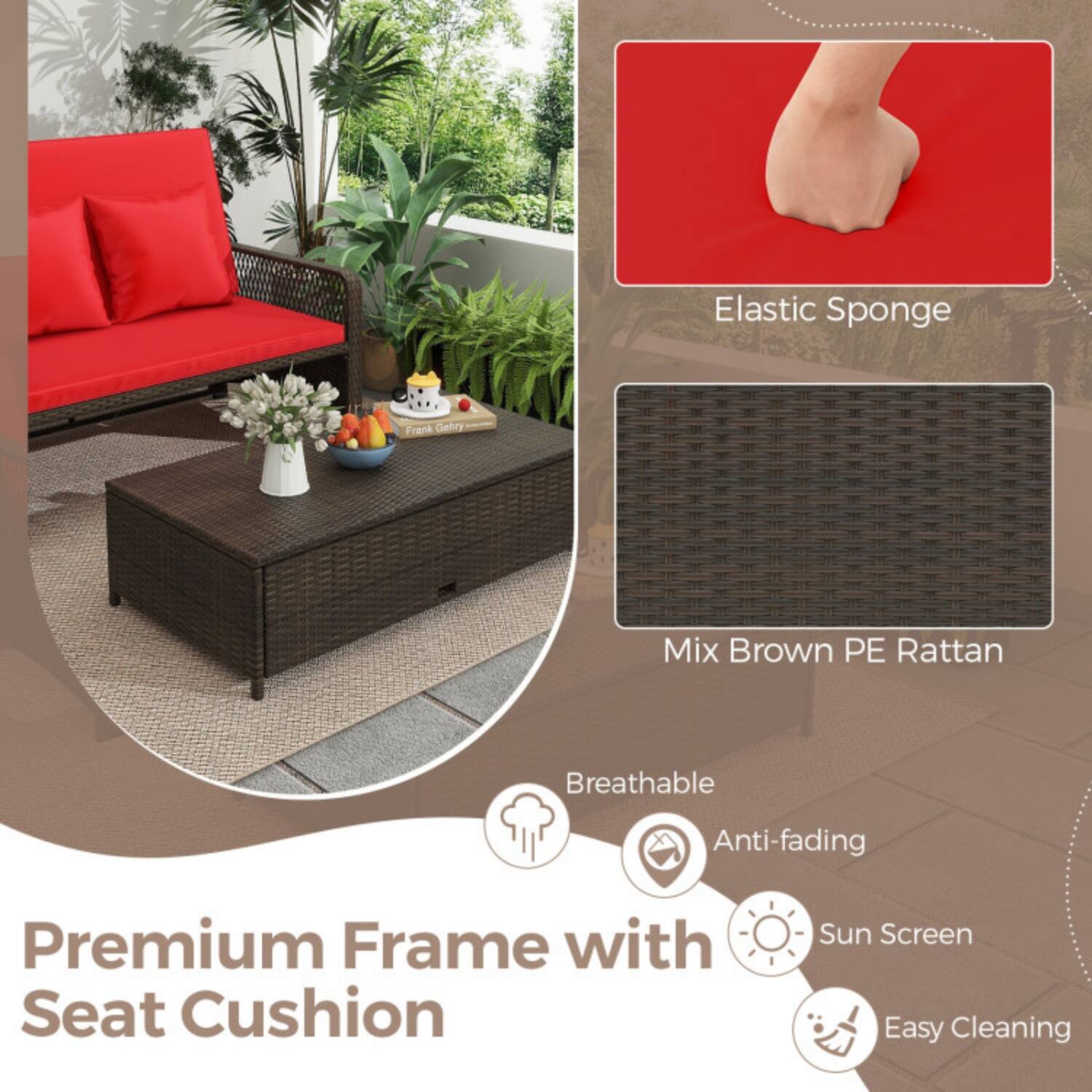 Elastic Sponge Frank Gelly Mix Brown PE Rattan Breathable Anti-fading Premium Frame with Seat Cushion Sun Screen Easy Cleaning