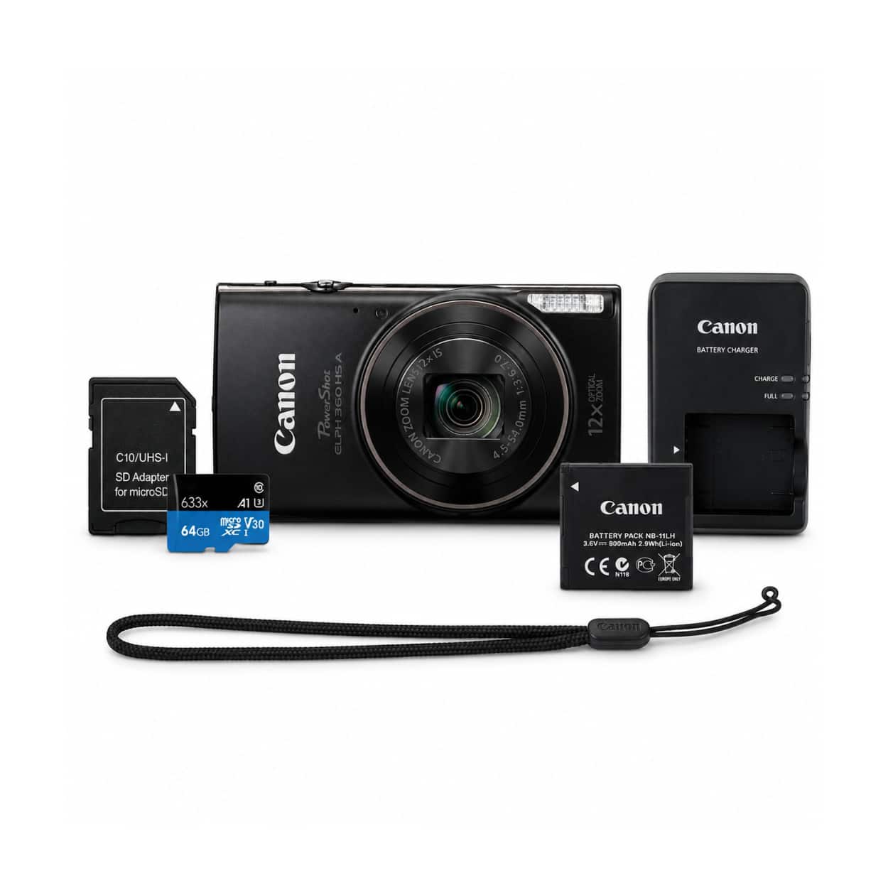 Canon - PowerShot ELPH 360 HS A Black Digital Camera Bundle with 64GB Memory Card