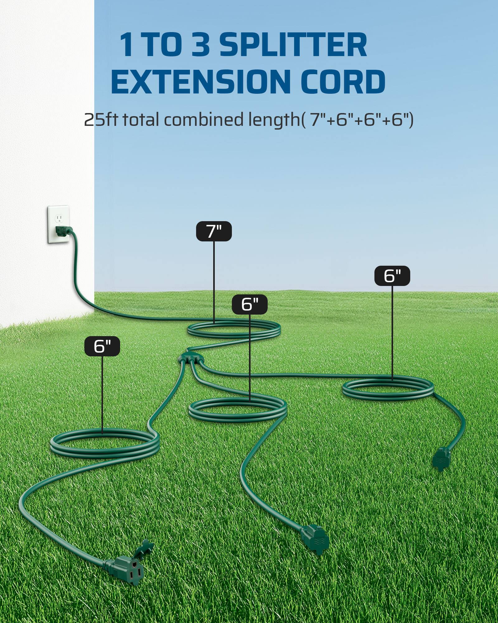 DEWENWILS 25FT Total(7+6+6+6) Extension Cord with 3 Outlets for Outside ...