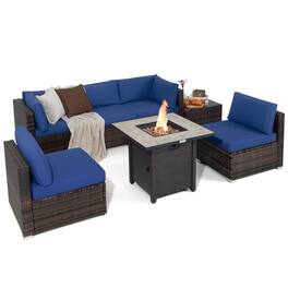 Costway - 7PCS Patio Rattan Furniture Set 30" Fire Pit Table Cover Cushion Sofa - Navy