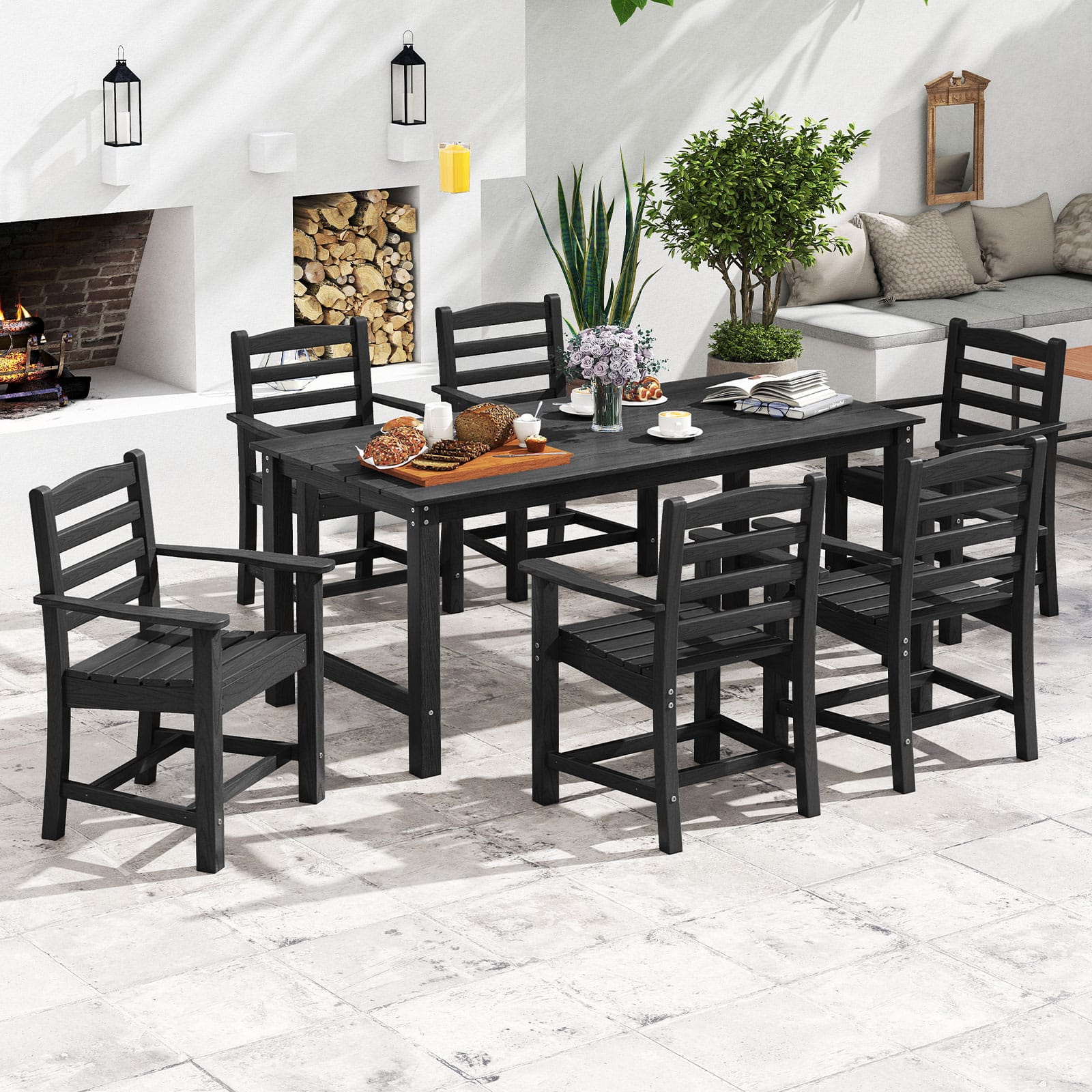 Gymax - 7 PCS Outdoor Dining Table Set for 6 People Rectangle Table & 6 Armchairs - Black