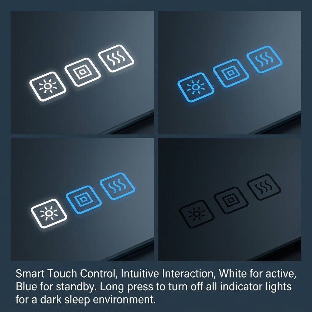 Smart Touch Control, Intuitive Interaction, White for active, Blue for standby. Long press to turn off all indicator lights for a dark sleep environment.