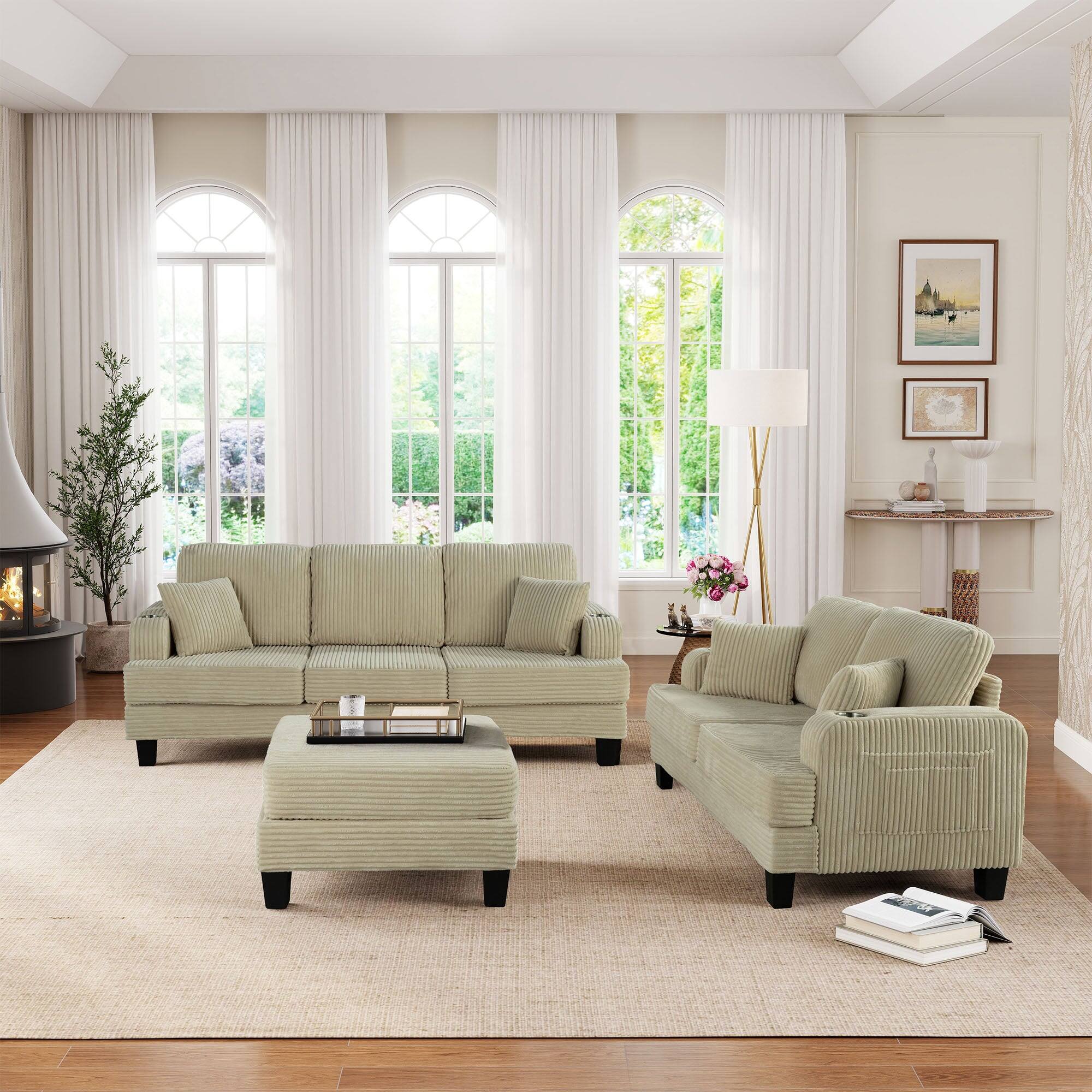 Alt View 1. Boyel Living - 84.64 in. Wide Straight Arm 3-Seat Fabric Sectional Sofa with Ottoman, USB Port and Cup Holder - Beige.