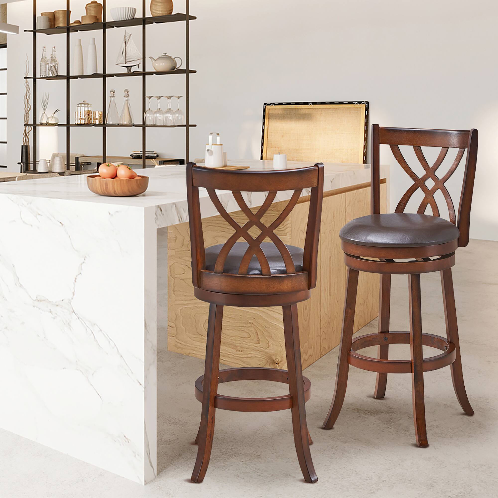 Alt View 4. Costway - Costway Set of 4 Swivel Bar Stools Bar Height Dining Pub Chairs with  Rubber Wood Legs - Brown.