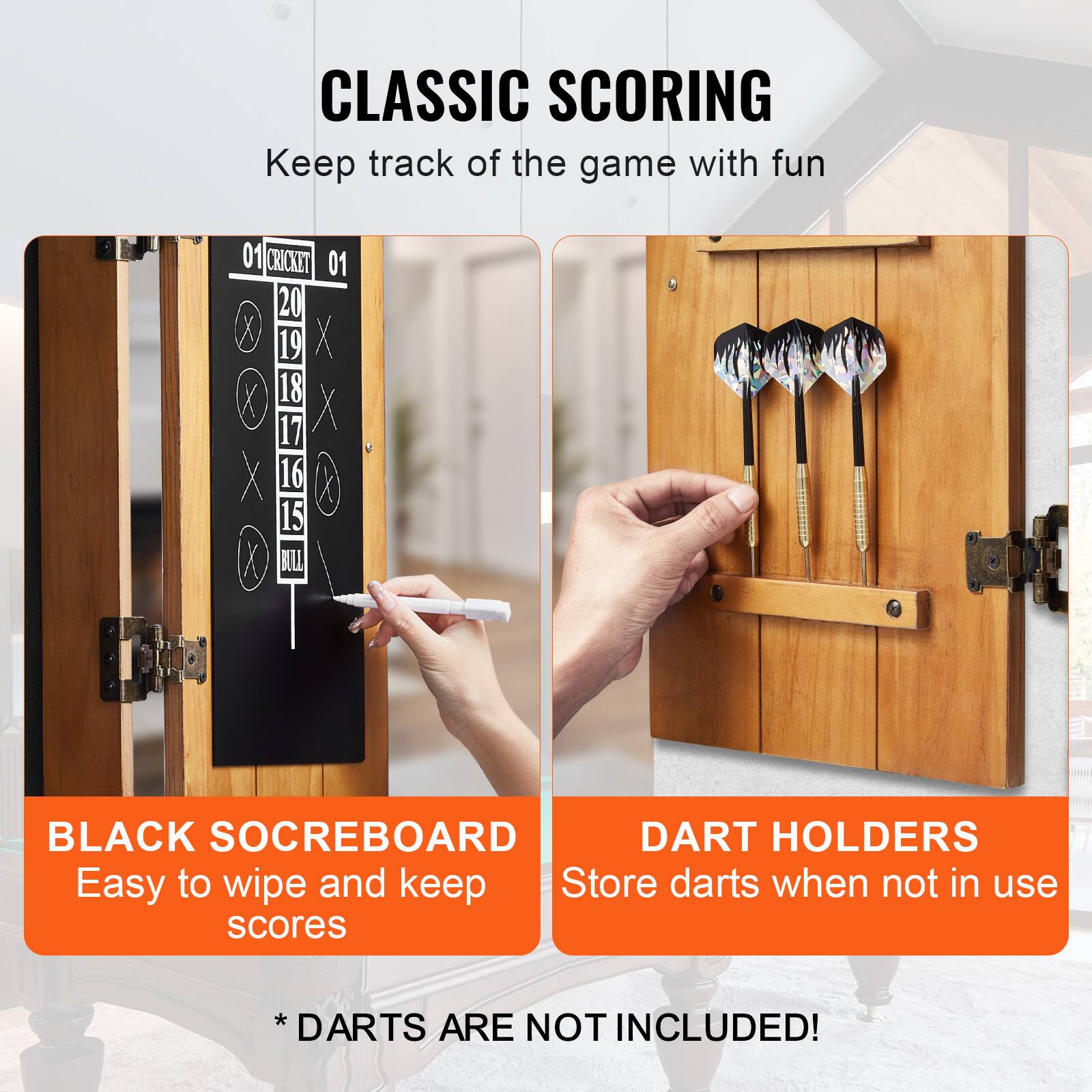CLASSIC SCORING  
Keep track of the game with fun  

BLACK SCOREBOARD  
Easy to wipe and keep scores  

DART HOLDERS  
Store darts when not in use  

* DARTS ARE NOT INCLUDED!