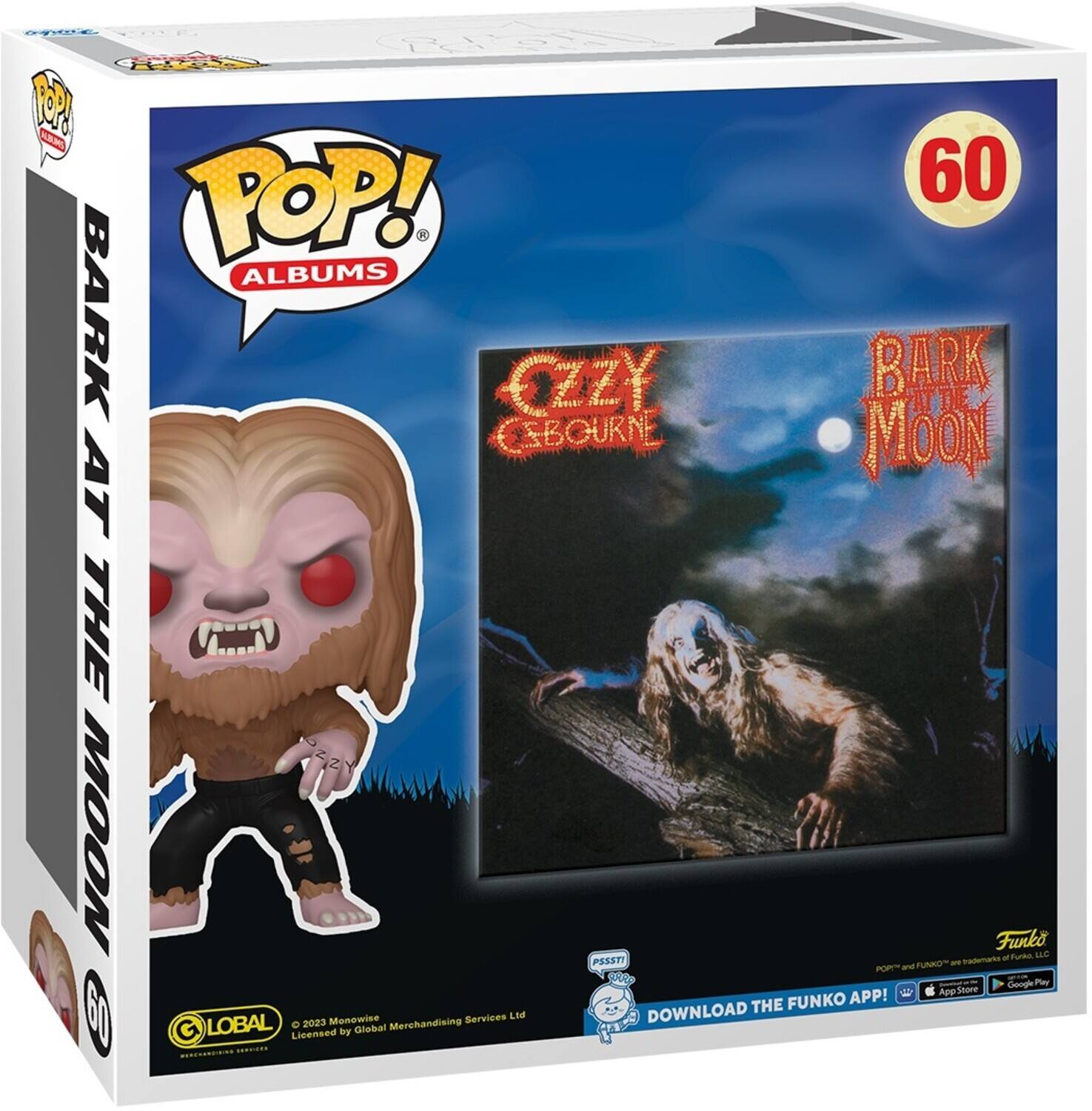 Sure, here is the corrected and grouped text from the image:

---

**POP! ALBUMS**

**60**

**BARK AT THE MOON**

**CZZY BOURNE**

**BARK AT THE MOON**

**Funko**

**Licensed by Global Merchandising Services Ltd**

**© 2023 Monowine**

**DOWNLOAD THE FUNKO APP!**

**App Store** **Google Play**

**PSSST!**

**GLOBAL**

**Licensed by Global Merchandising Services Ltd**

---

This text is organized to reflect the information and branding present on the packaging.