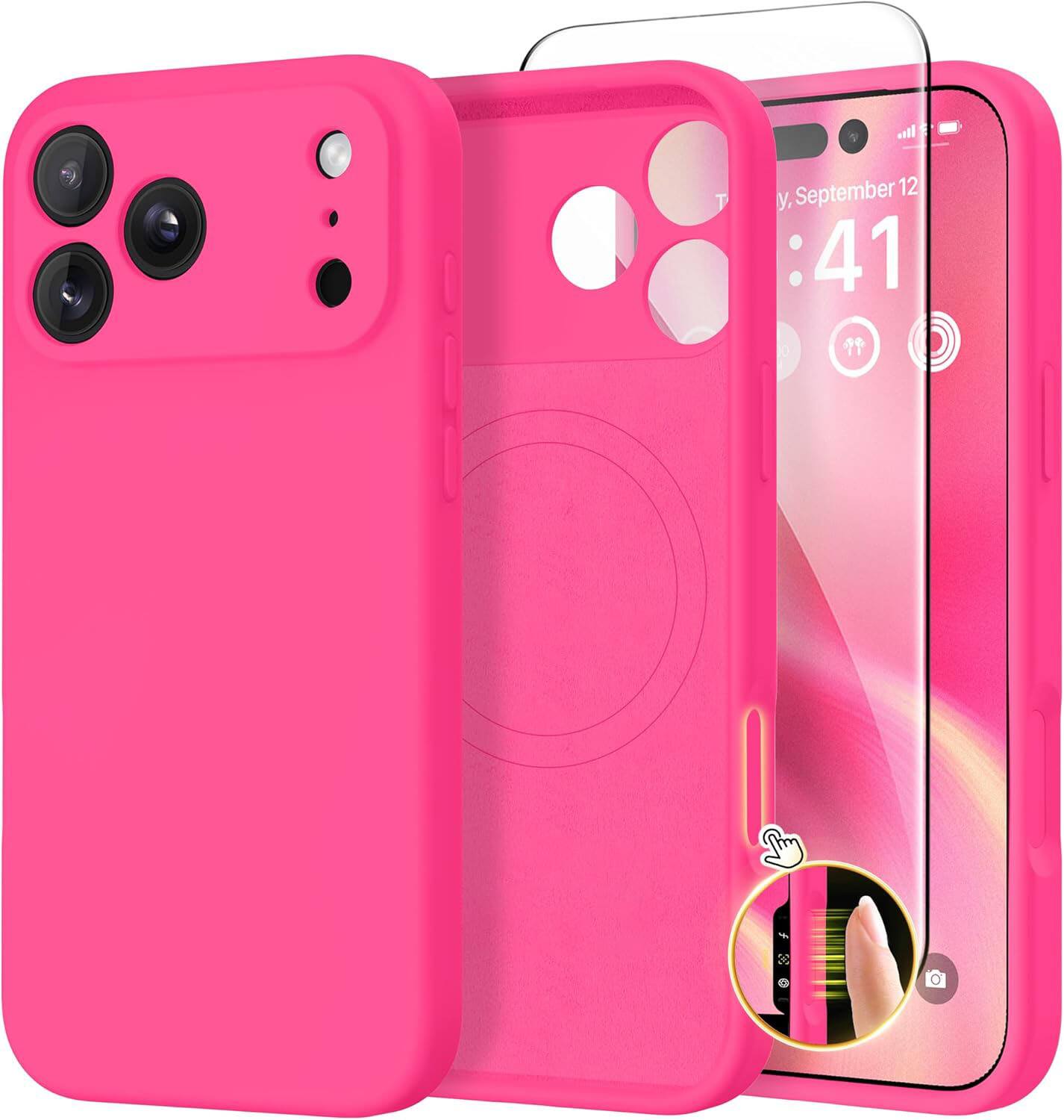 FINEAK - Full Camera Protection Magnetic for iPhone 17 Pro Max Case,Screen Protector - Hot Pink