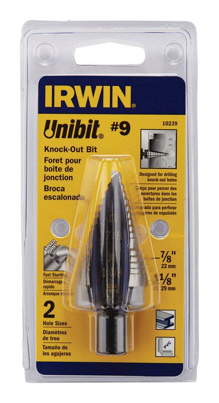 IRWIN  
Unibit #9  
10239  

Knock-Out Bit  
Foret pour boîte de jonction  
Broca pour percer des ouvertures dans les escalonad  
ada para perforar hros de expulsin  

7/8" 22 mm  
1 1/8" 29 mm  

Fast Startir  
Démarrage rapide  
Arranque rápido  

2 Hole Sizes  
Diamètres de trou  
Tamaño de los agujeros  

Designed for drilling knock-out holes  
Broca para perforar orificios de expulsión  
ada para perforar hros de expulsin  

USA