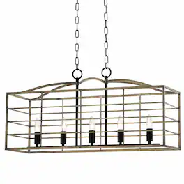 RYHNUYNE - 5-Light Farmhouse Rectangular Chandelier with Wood Grain and Black Finish, Adjustable Hanging Chain