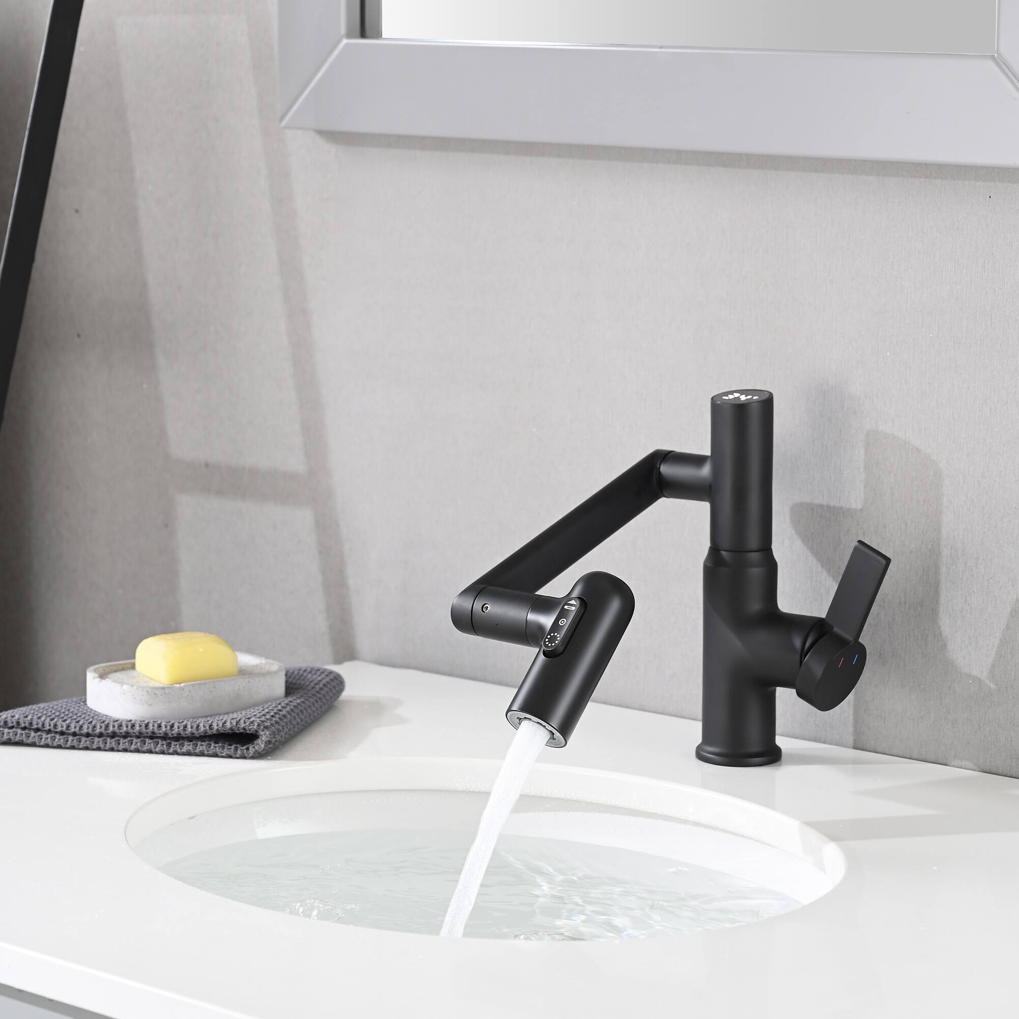 Alt View 5. Meqiodas - Bathroom Sink Faucet with Spray Function, Temperature Display, Anti-Slip Switch, Hot & Cold Controls, and 360° Swivel - Black.