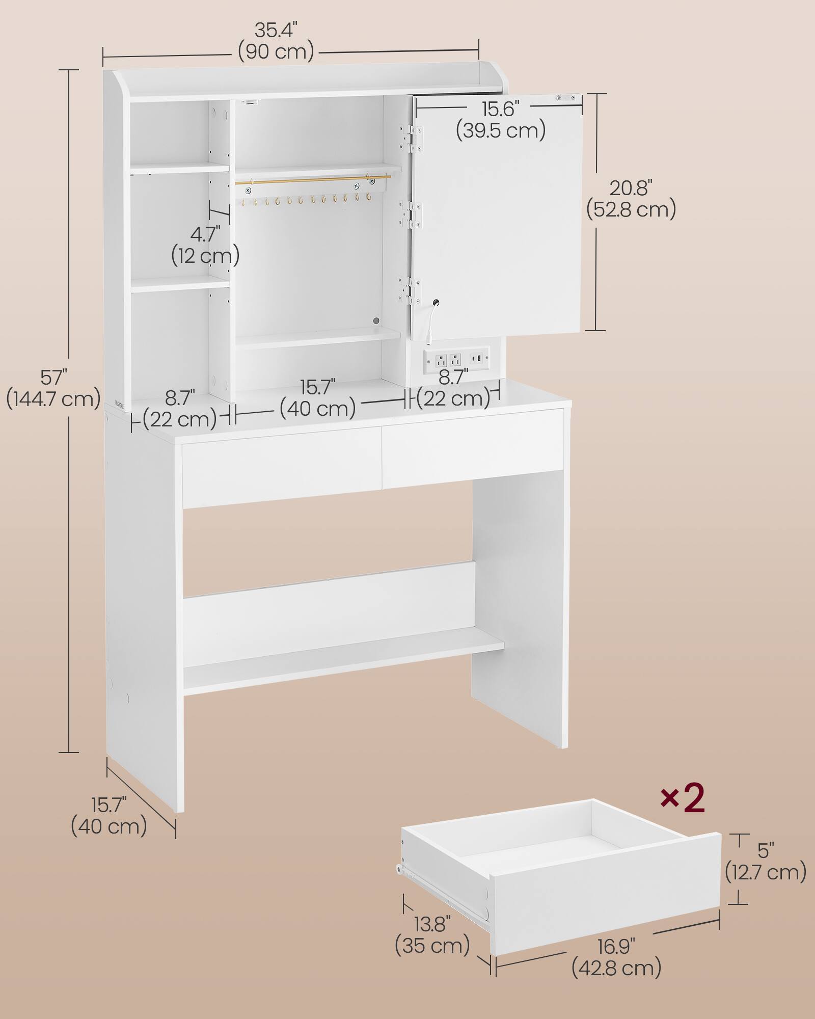 35.4" (90 cm)  
15.6" (39.5 cm)  
4.7" (12 cm)  
20.8" (52.8 cm)  
57" (144.7 cm)  
8.7" (22 cm)  
15.7" (40 cm)  
8.7" H (22 cm)  
15.7" (40 cm)  
13.8" (35 cm) x2  
T 5" (12.7 cm)  
T 16.9" (42.8 cm)