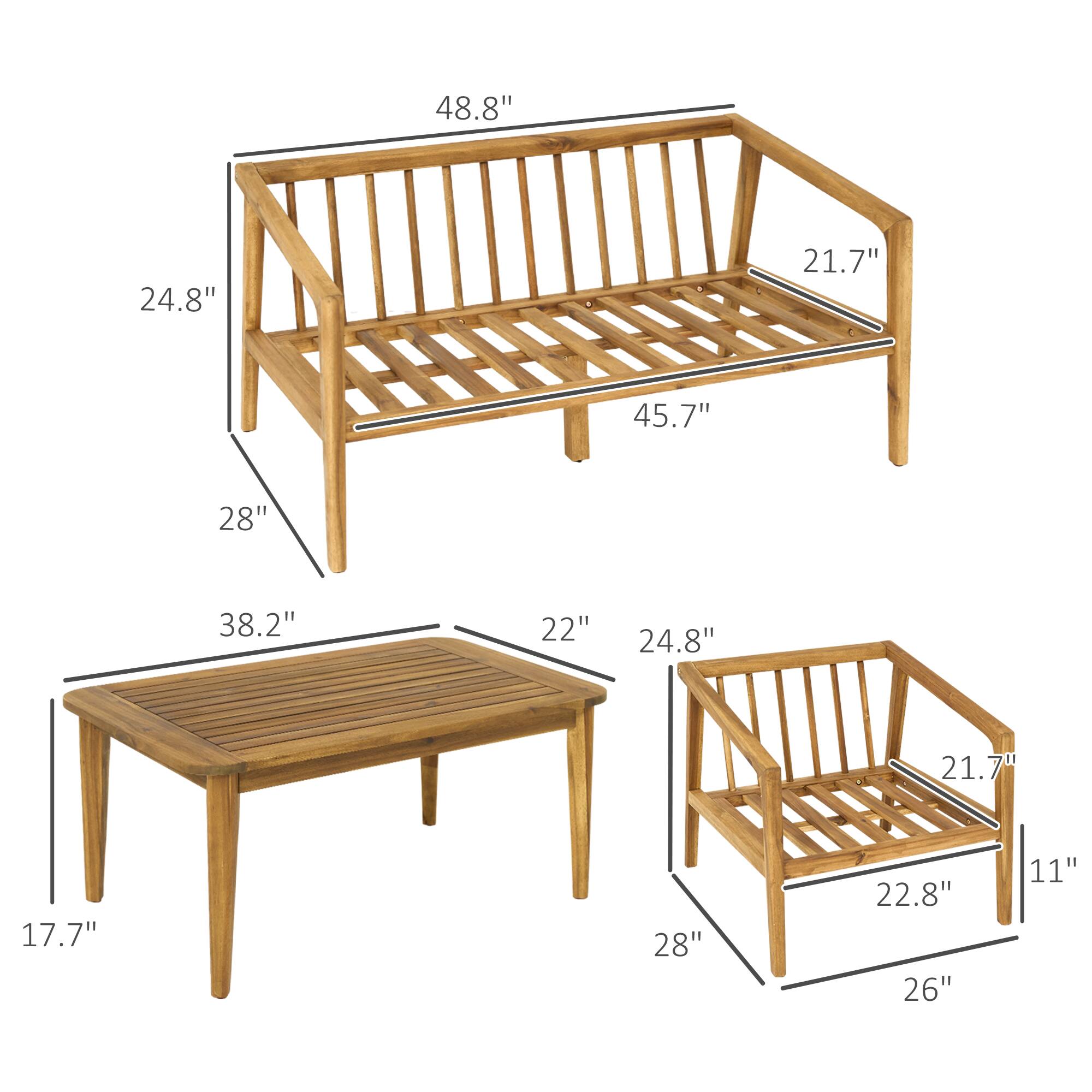 The text can be grouped as follows:

- Bench: 48.8", 24.8", 21.7", 45.7", 28"
- Table: 38.2", 22", 24.8", 17.7", 28"
- Ottoman: 21.7", 22.8", 26", 11"