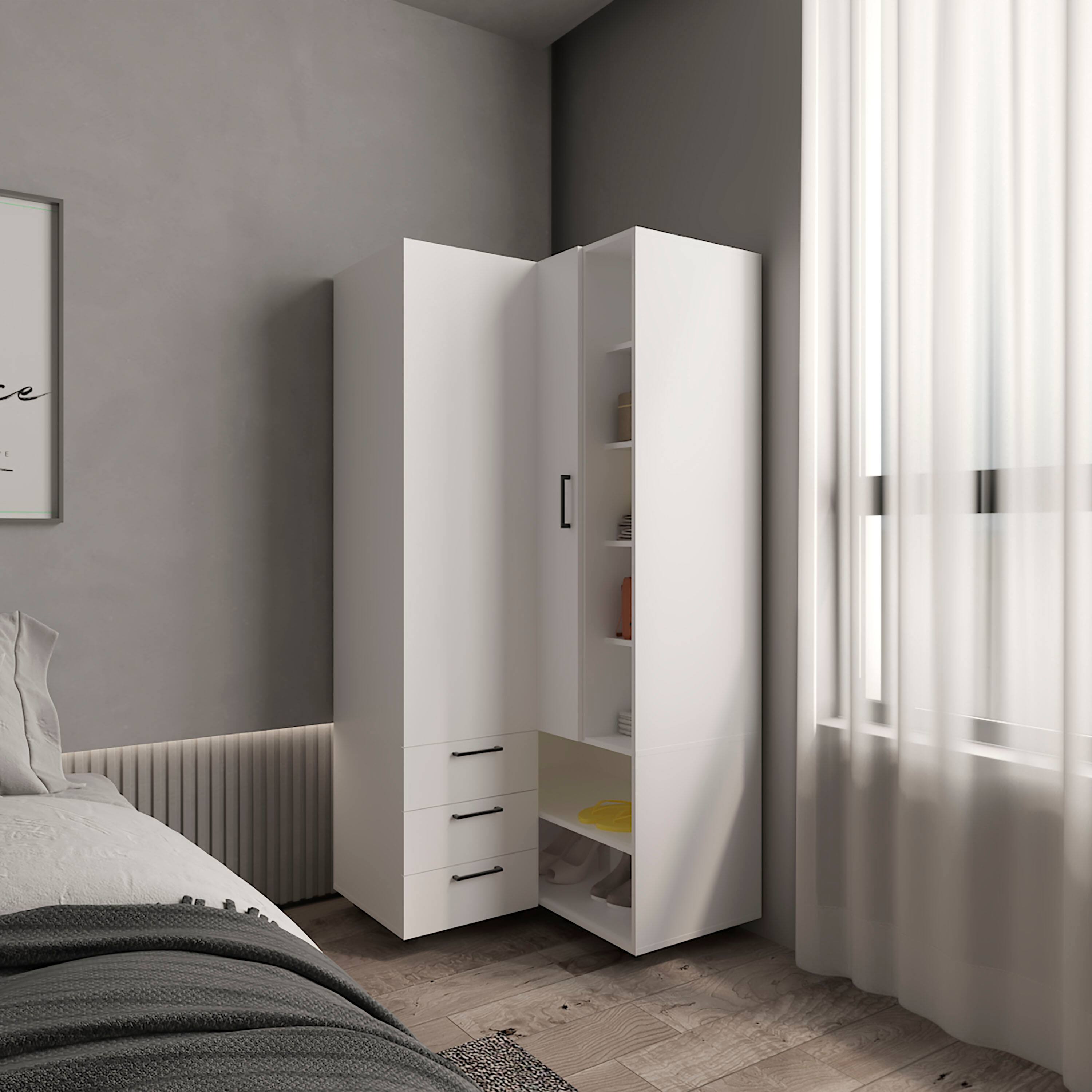Left. TuHome - Toulouse Corner Armoire With Double Doors And Interior Shelves, Space-Saving Wardrobe - White.