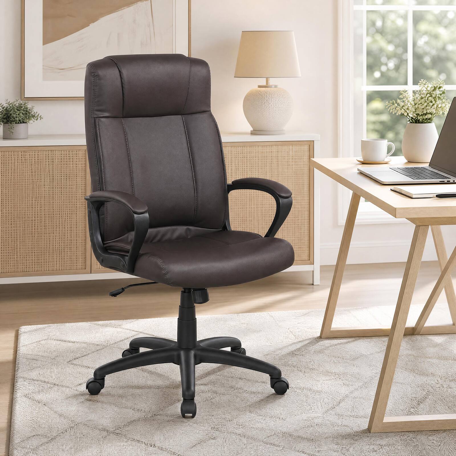 Alt View 1. Costway - Costway Faux Leather Office Chair with Rocking Function, Height Adjustable Desk Chair, Padded Armrests - Brown.