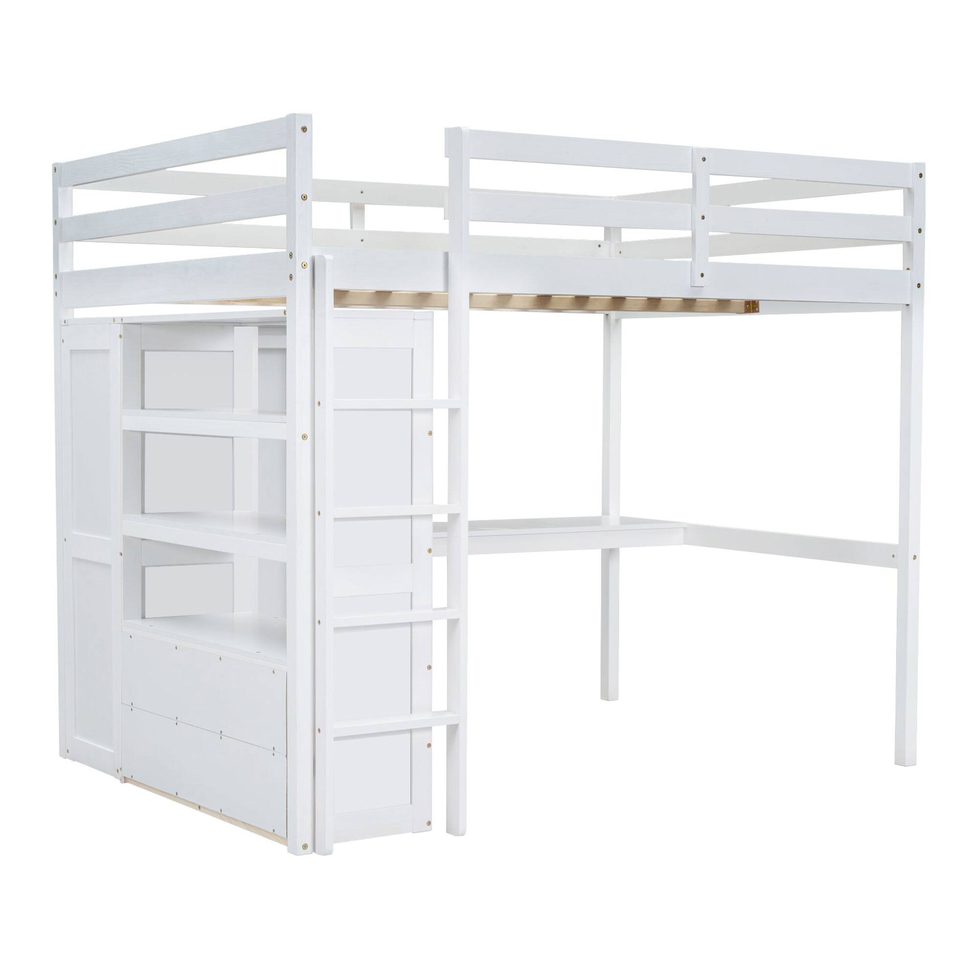 Back. Whisen - Full Size Wood Loft Bed with Built-in Wardrobe, Desk, Storage Shelves and Drawers - White.