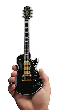 Front. Axe Heaven - Gibson Les Paul Custom Ebony Mini Guitar Replica Collectible Display Model.