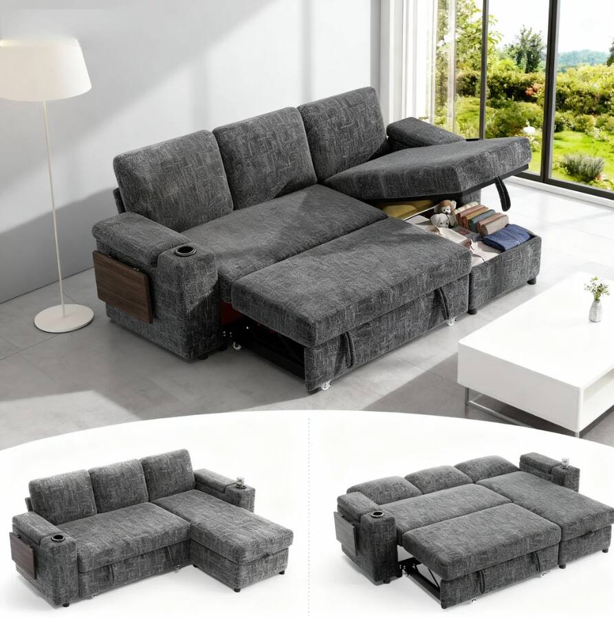 Dyonery - 85" Modular 3 Seat L Shaped Couch with Reclining Backrest|USB Ports|Cup Holders|Side Table|Storage Chaise Armrests - Gray