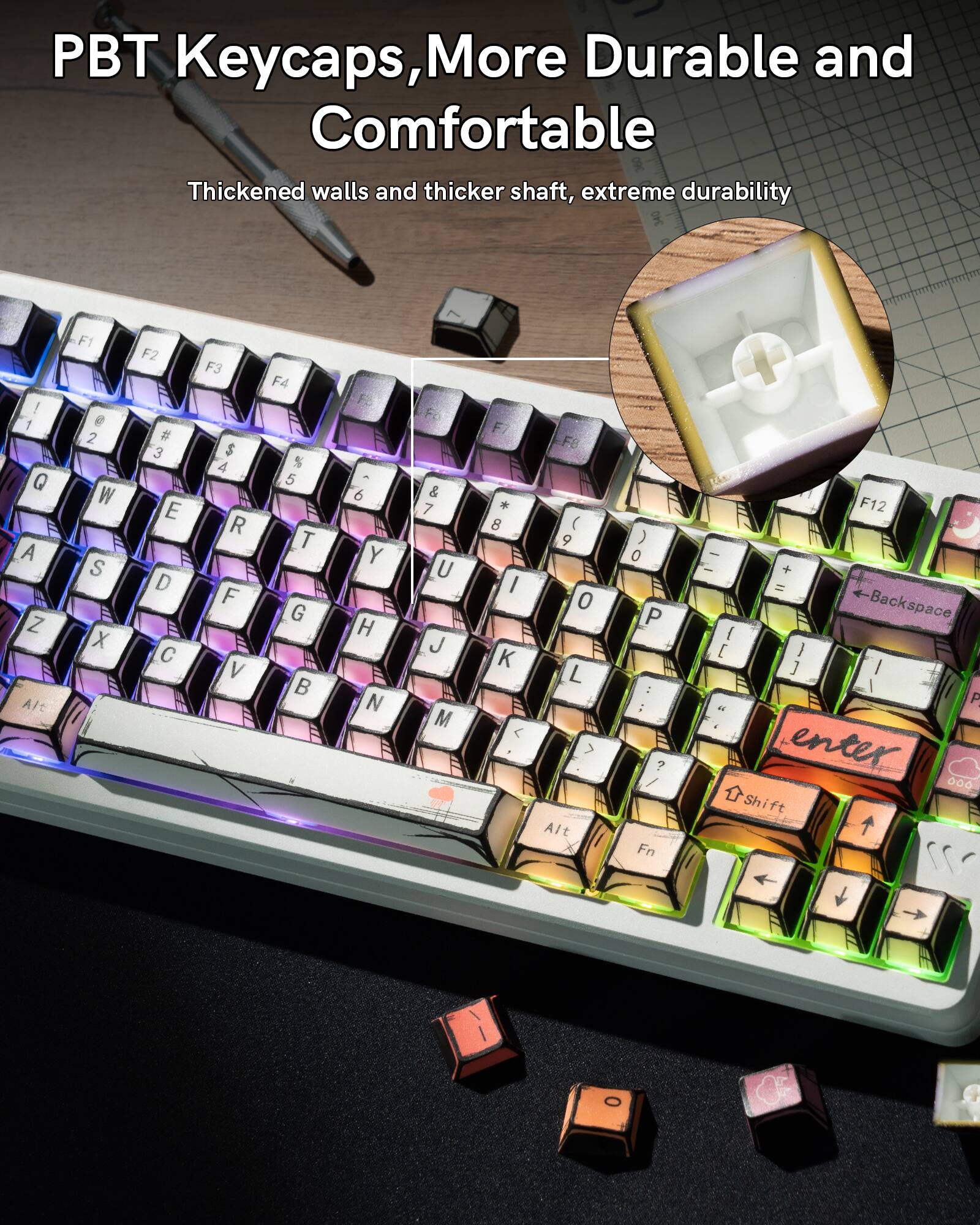 PBT Keycaps, More Durable and Comfortable  
Thickened walls and thicker shaft, extreme durability  

1 Q A Z A/t F1 e 2 W S X F2 a 3 E D F3 $ 4 R F V F4 % 5 T G B F5 & 6 Y H N F6 * 7 U J M F7 ( 8 I K F8 ) 9 0 L F9 0 P : ; ? / Fn F12 + = Backspace [ ] I I A a enter Shift