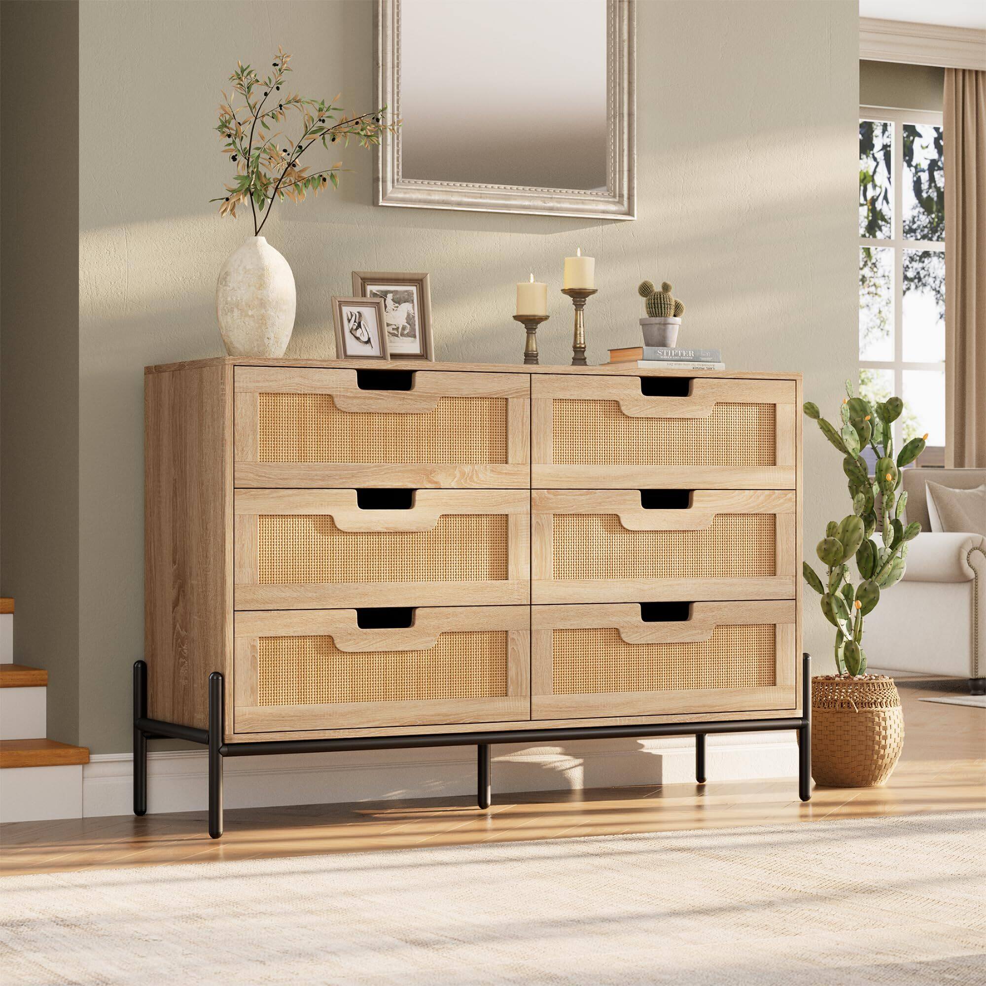 Jojoka - Rattan 6 Drawer Dresser for Bedroom, Farmhouse Storage Cabinet with Legs for Living Room - Natural