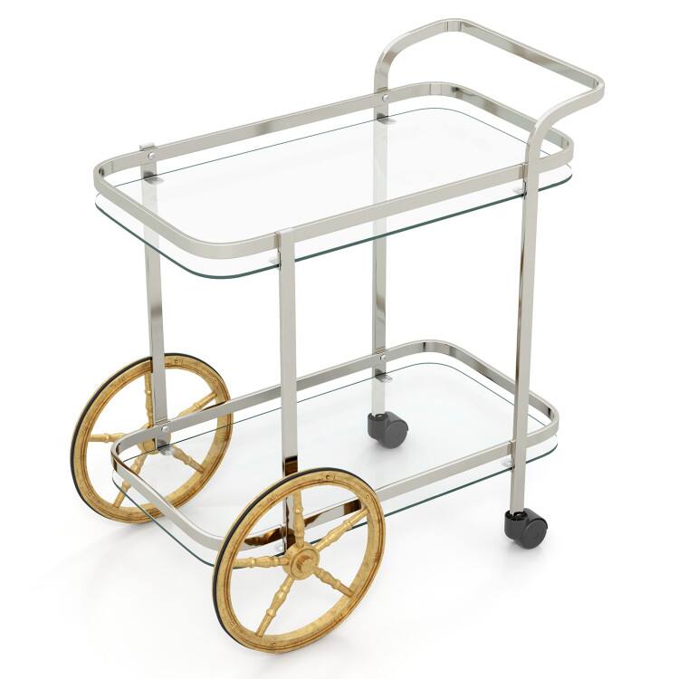 SlickBlue - 2-Tier Tempered Glass Bar Cart with Aluminum Wheels and Rolling Casters - Transparent, Silver, Golden