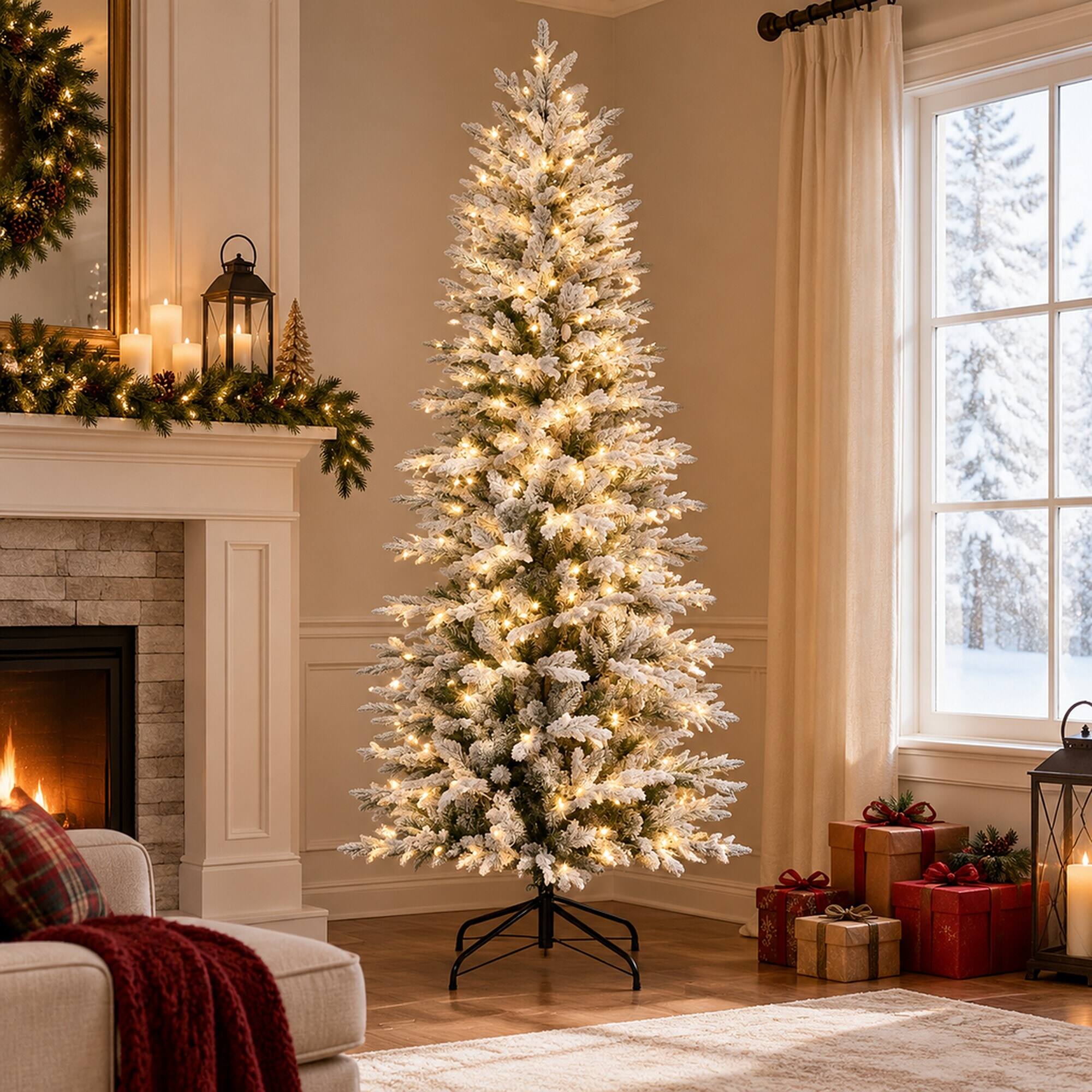 Left. RYHNUYNE - Artificial Flocked Christmas Tree With Snow Branches, Warm Yellow Clear Lights Auto Open Hinged Holiday Decor - Green.