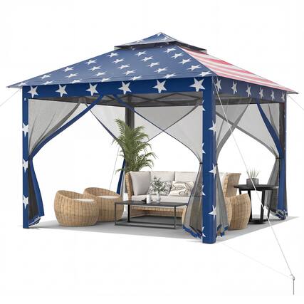 Front. Gymax - Gymax 11 ft x 11 ft Pop up Gazebo w/Mesh Netting Sidewalls Vented Top Drainage Holes American Flag - Blue.