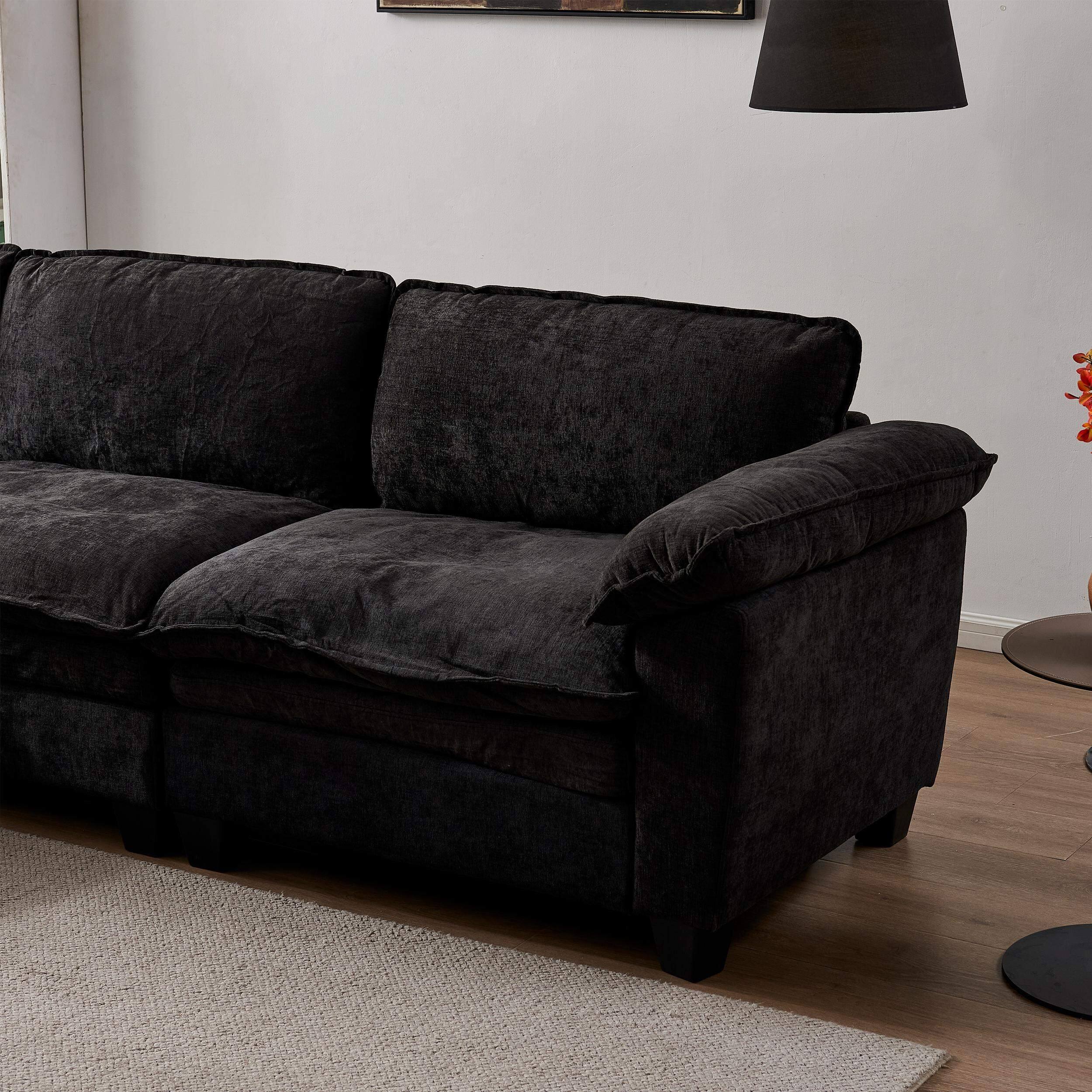 Alt View 1. Roomtec - Living Room Furniture Sofa Luxury Couch with Ottoman Soft Chenille Upholstered L Shape Sofa Black - Black.