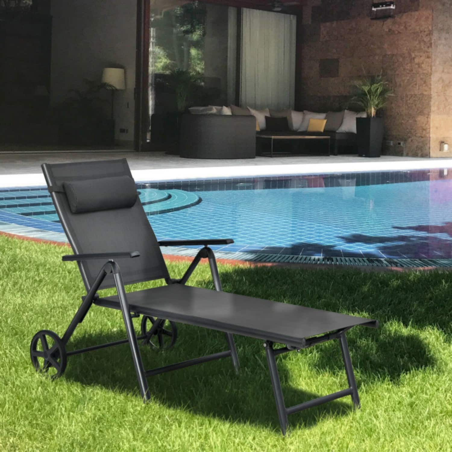 Mondawe - 58" Patio Lounge Chair w 7-Position Backrest Wheels & Neck Pillow Aluminum Frame - Gray
