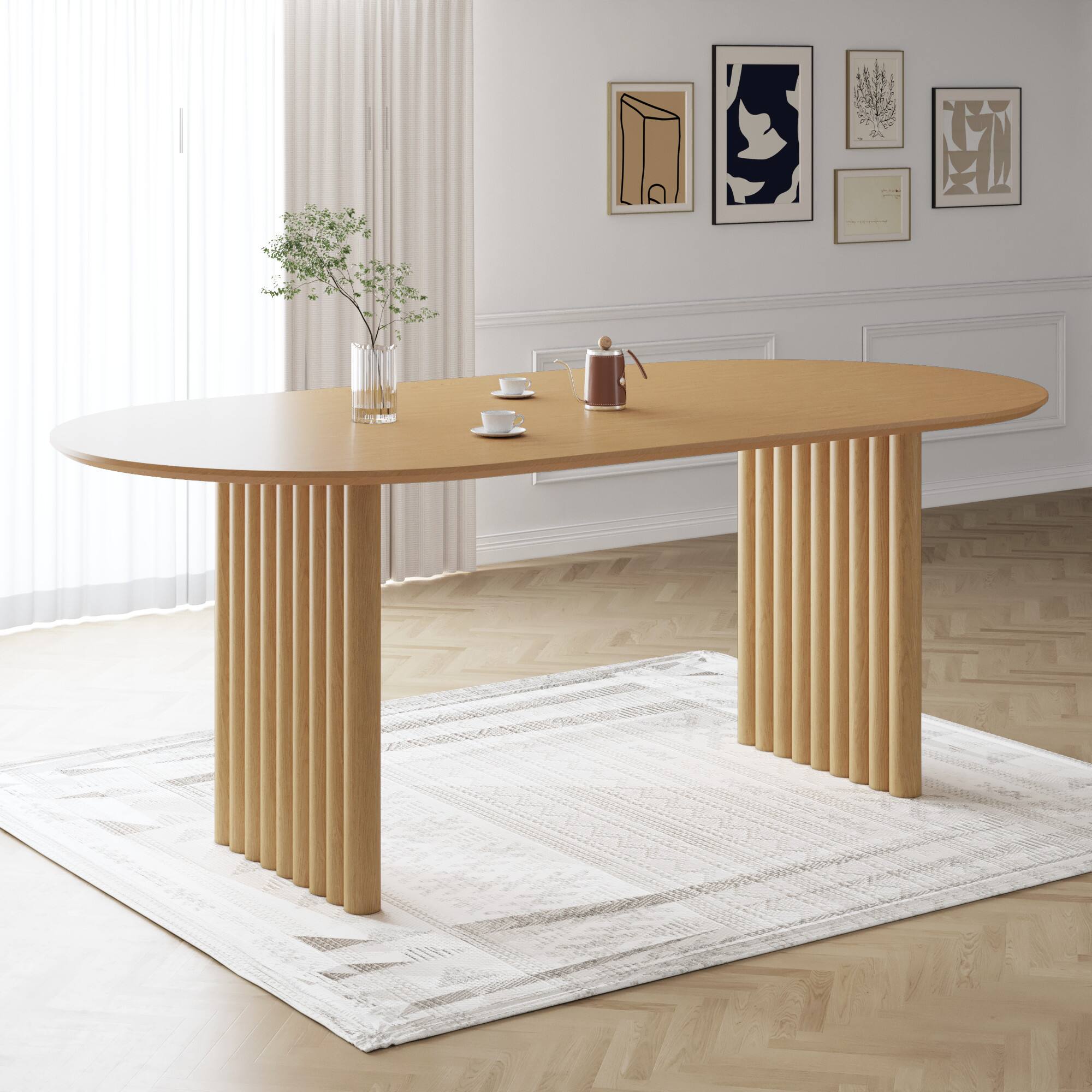 Left. Lirago - 79" Solid Wood Oval Dining Table with Double Pedestal Large Kitchen Table Seats 6-8 or More for Dining Room - Natural.