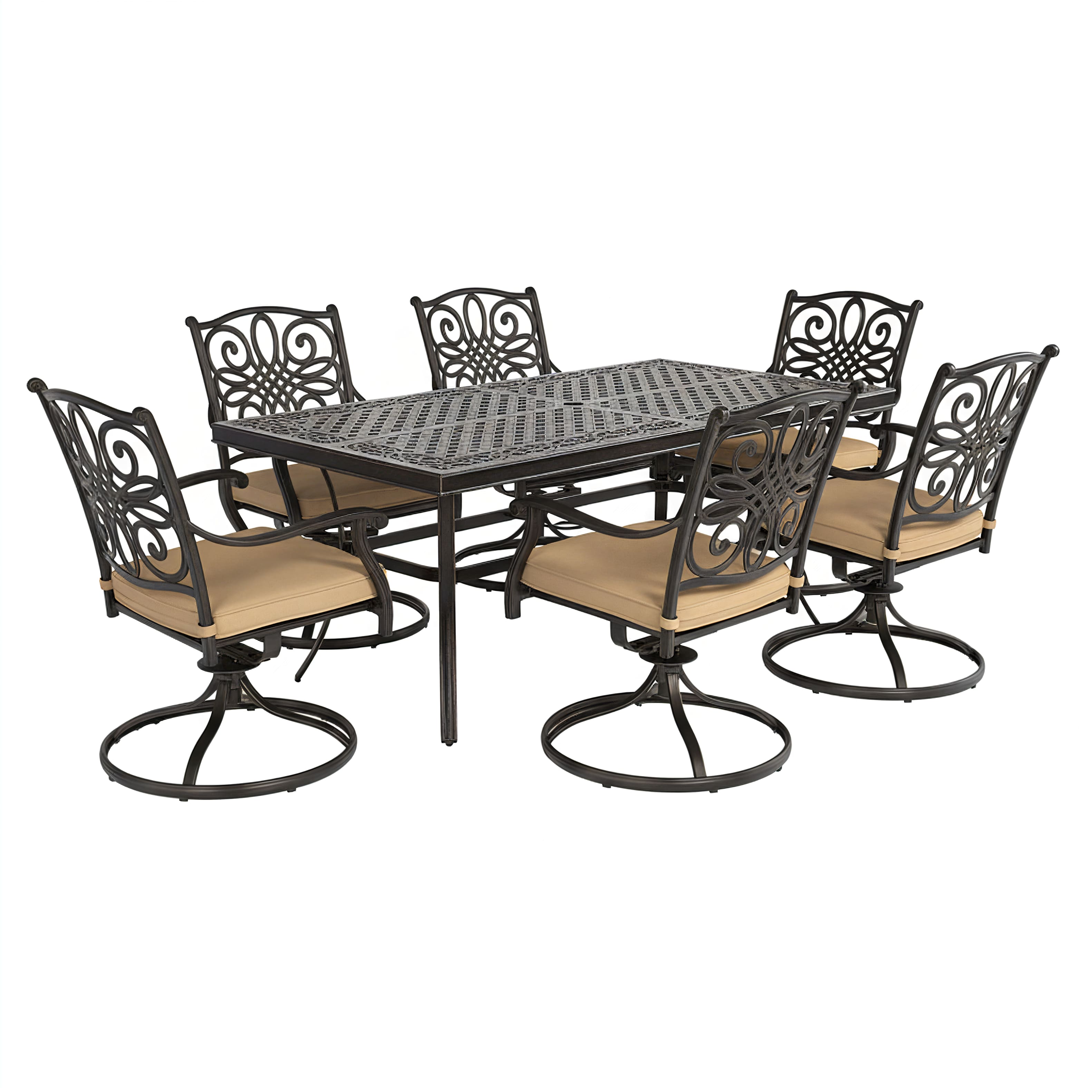 Mondawe - 7-Piece Outdoor Dining Set with Umbrella Hole Table and Swivel Rocking Chairs with Cushions - Bronze+Beige