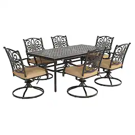 Mondawe - 7-Piece Outdoor Dining Set with Umbrella Hole Table and Swivel Rocking Chairs with Cushions - Bronze+Beige