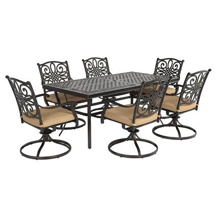 Front. Mondawe - 7-Piece Outdoor Dining Set with Umbrella Hole Table and Swivel Rocking Chairs with Cushions - Bronze+Beige.