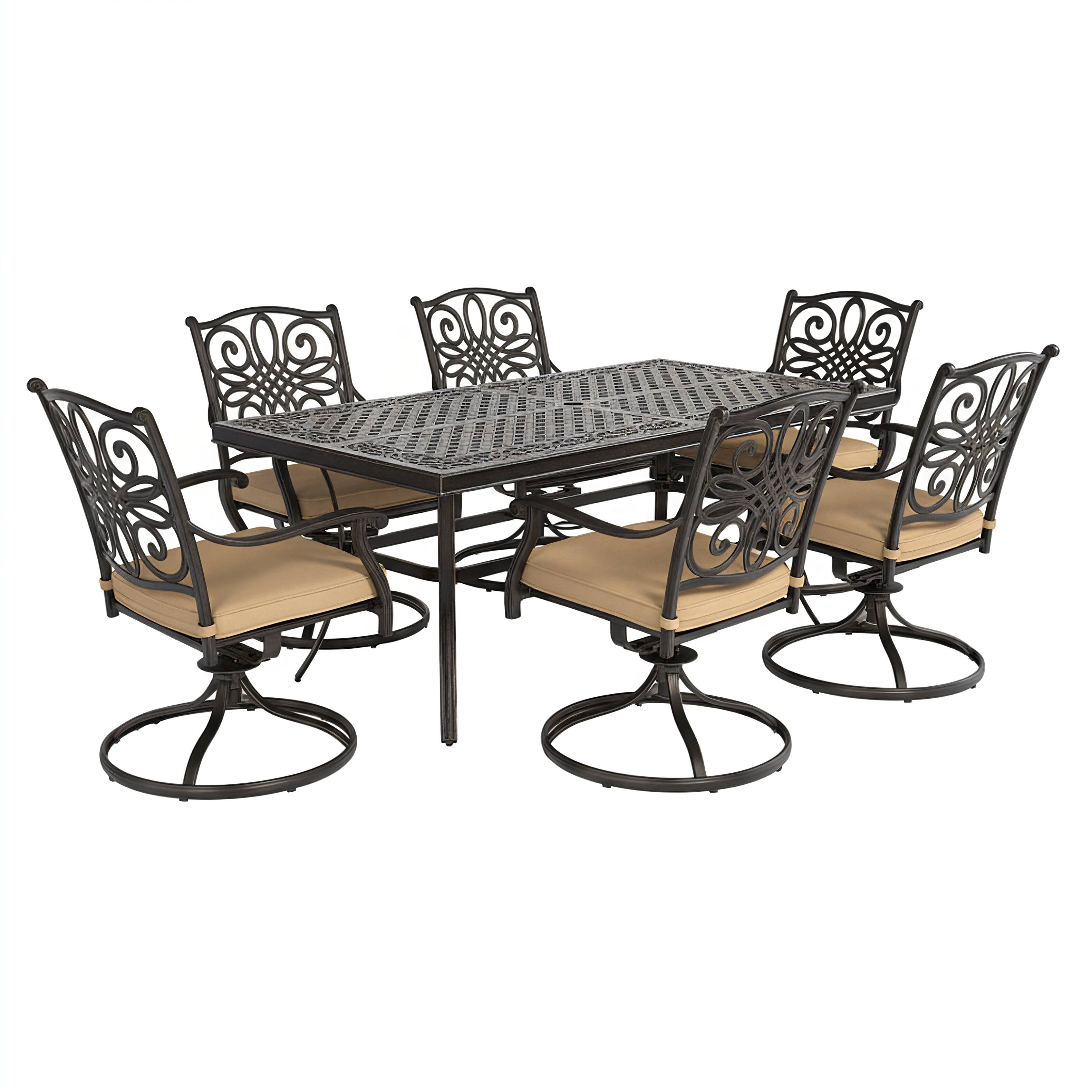 Front. Mondawe - 7-Piece Outdoor Dining Set with Umbrella Hole Table and Swivel Rocking Chairs with Cushions - Bronze+Beige.