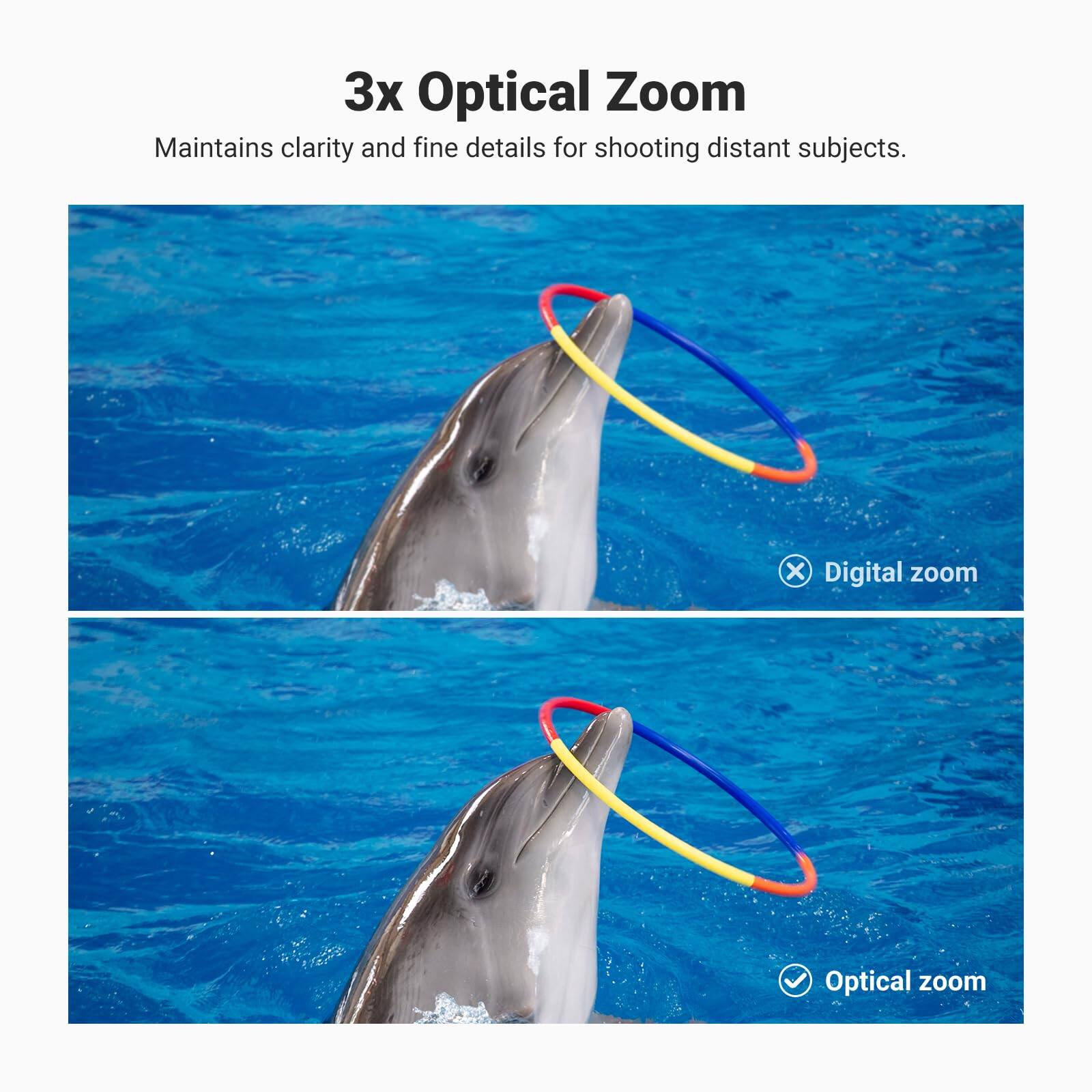 3x Optical Zoom  
Maintains clarity and fine details for shooting distant subjects.  

Digital zoom  
Optical zoom