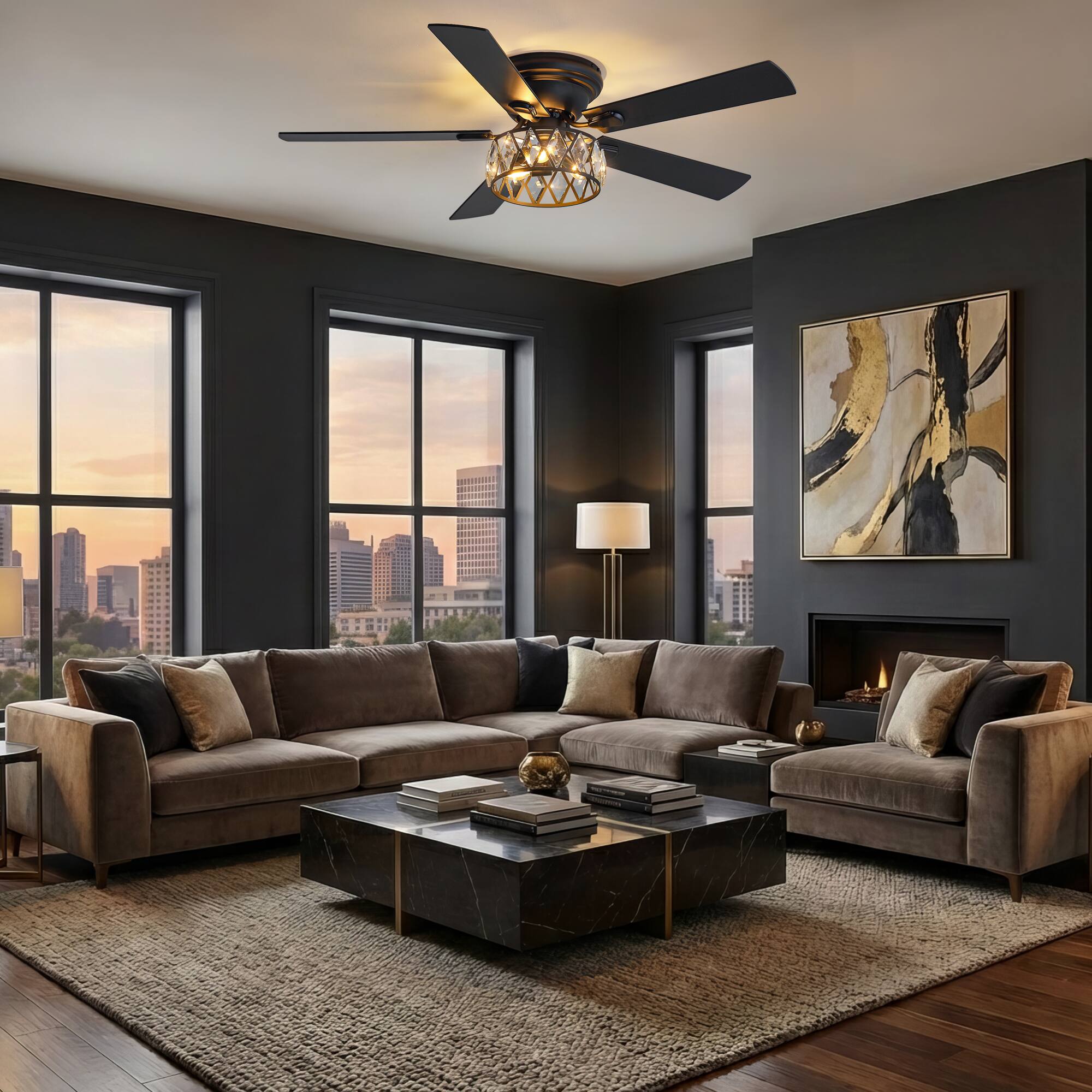 Back. Breezary - 52-Inch Stylish Surface Mounted Ceiling Fan with E12 Lighting DC Motor Remote Control Timer Function - 52-inch Black & Walnut.