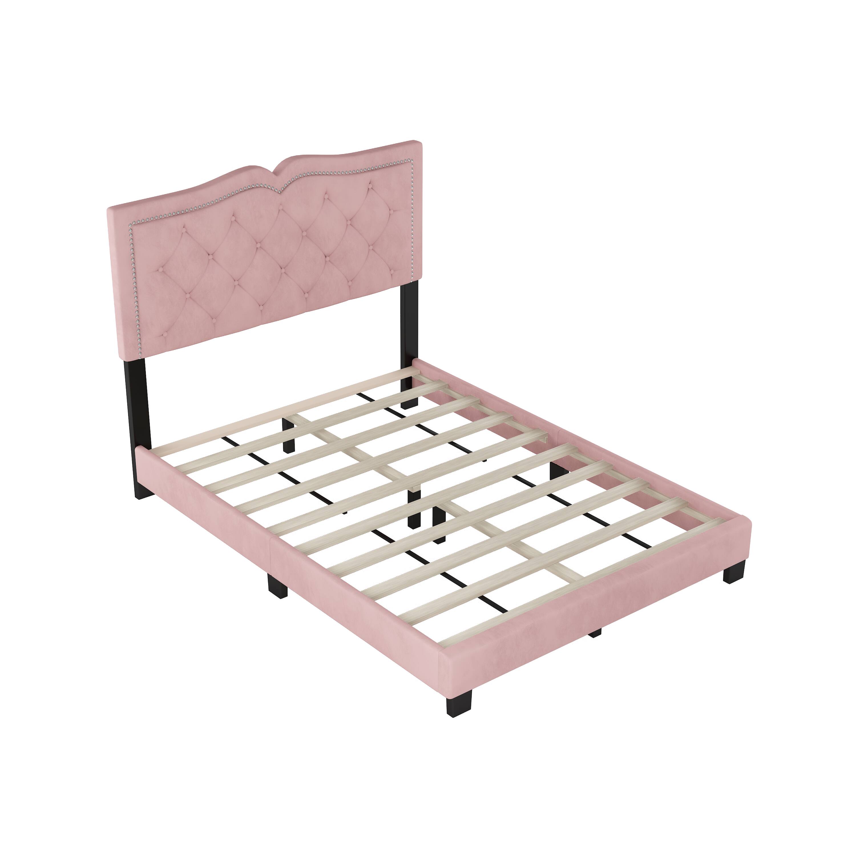 Alt View 1. Tiramisubest - Full Size Upholstered Bed Frame with Rivet Design, Modern Velvet Platform Bed with Tufted Headboard,Pink - Pink.