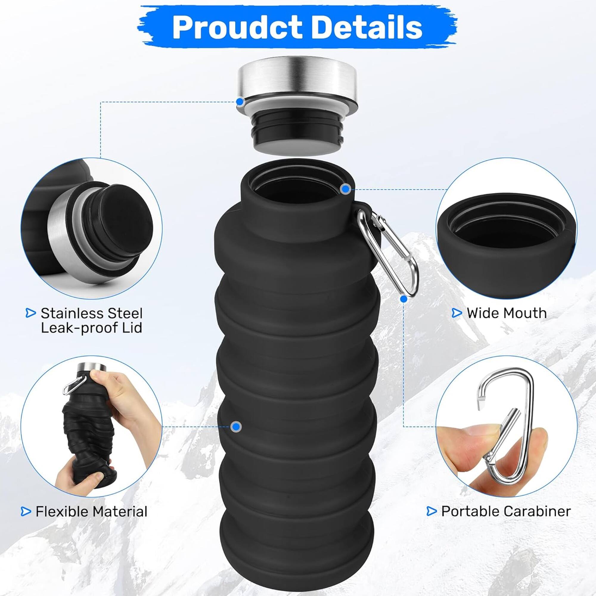 Product Details  
- Stainless Steel Leak-proof Lid  
- Wide Mouth  
- Flexible Material  
- Portable Carabiner