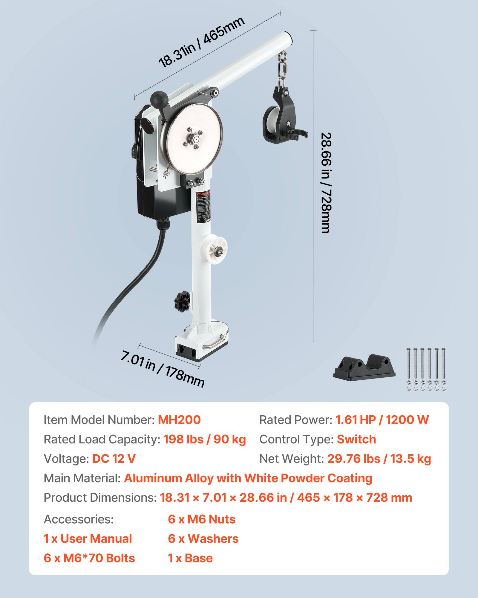 I 465mm 18.31in 28.66 28.66 in /728mm 7.01 in I 178mm

Item Model Number: MH200

Rated Power: 1.61 HP / 1200 W

Rated Load Capacity: 198 lbs / 90 kg

Control Type: Switch

Voltage: DC 12 V

Net Weight: 29.76 lbs / 13.5 kg

Main Material: Aluminum Alloy with White Powder Coating

Product Dimensions: 18.31 x 7.01 x 28.66 in / 465 x 178 x 728 mm

Accessories: 1 x User Manual, 6 x M6 Nuts, 6 x Washers, 6 x M6*70 Bolts, 1 x Base
