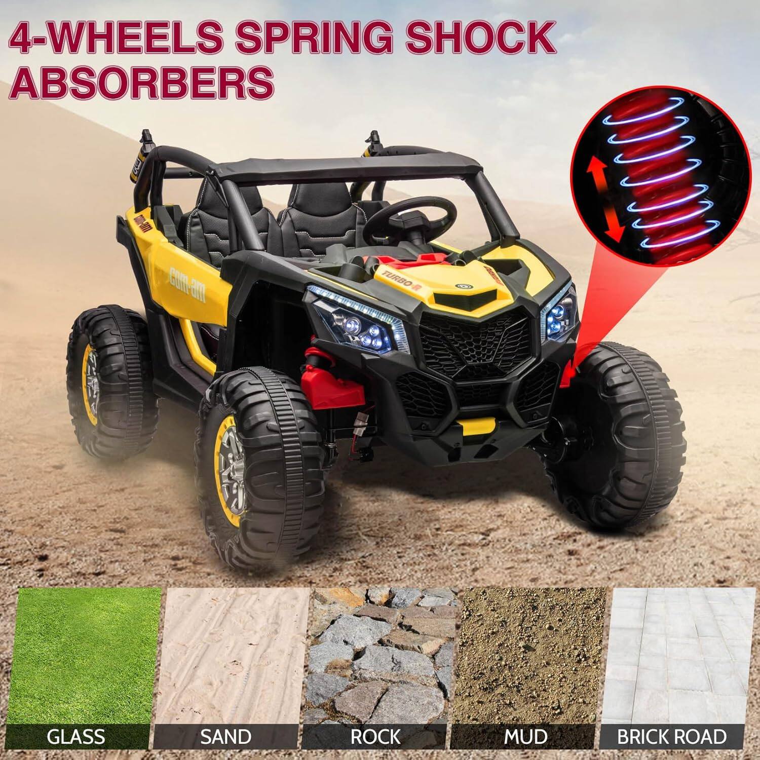 4-WHEELS SPRING SHOCK ABSORBERS

GLASS
SAND
ROCK
MUD
BRICK ROAD