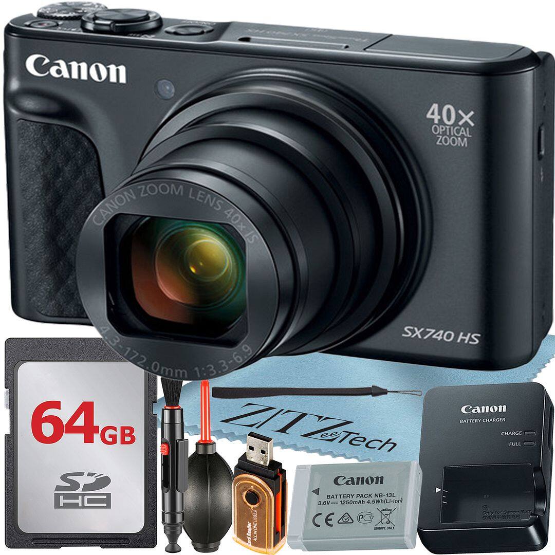 Canon SX740 HS  
40x Optical Zoom  
Canon Zoom Lens 40x IS  
4-3-172.0mm 1:3.3-6.9  

Canon 64GB SDHC Card  
ZITech Battery Charger  
Canon Battery Pack NB-13L (3.6V 1250mAh 4.8Wh)  
Canon Battery Charger  

CE, AU, RoHS, FCC, etc.