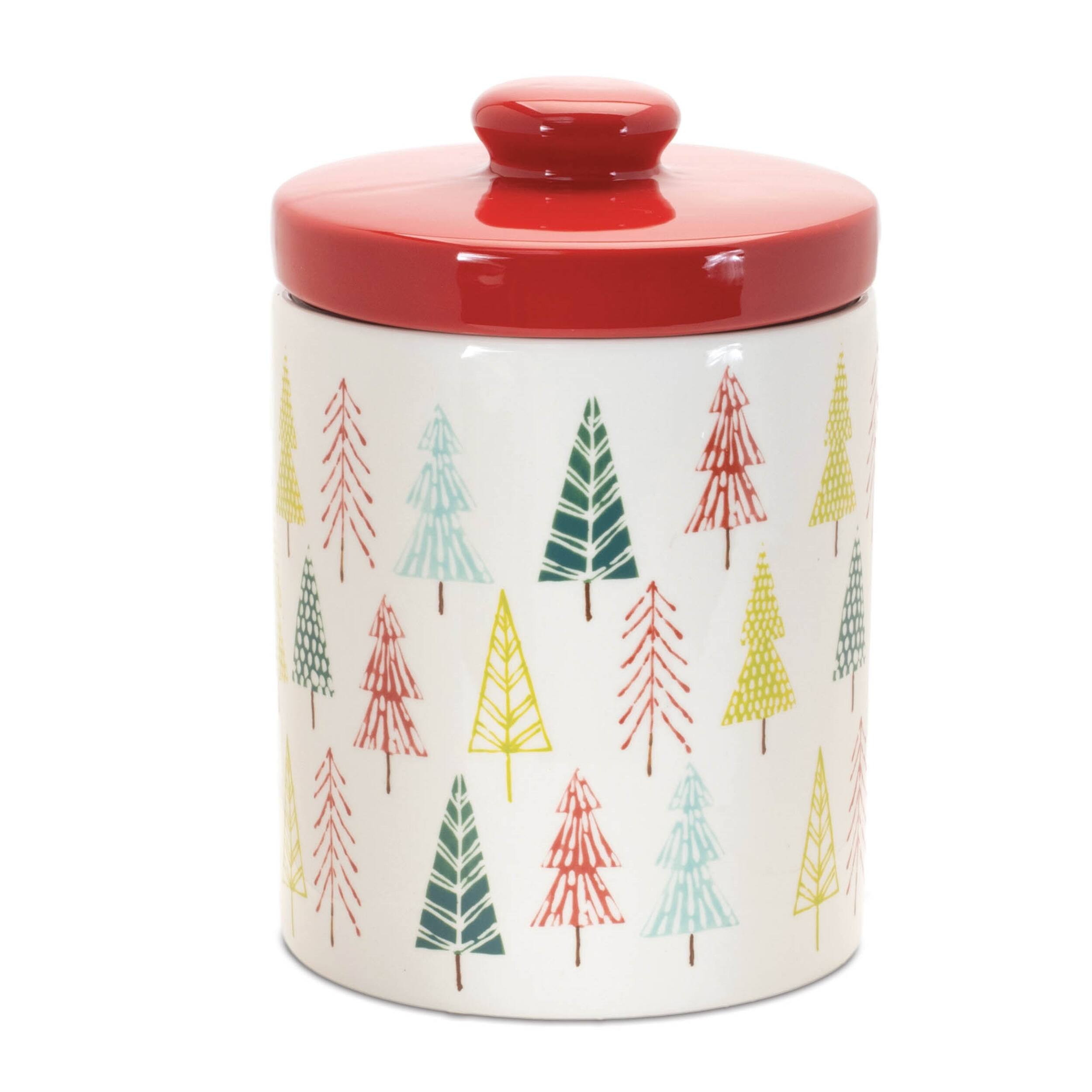 Angle. BreeBe - Ceramic Pine Tree Print Cookie Jar 10"H - White, Red, Green.