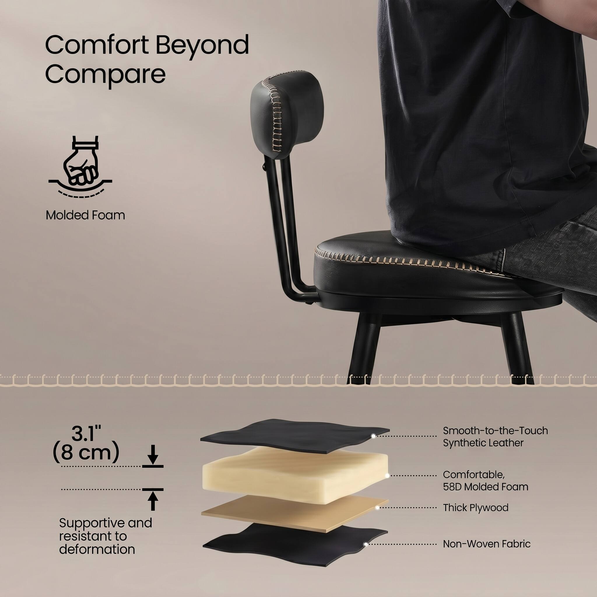 Comfort Beyond Compare

Molded Foam

3.1" (8 cm)

Smooth-to-the-Touch Synthetic Leather
Comfortable, 58D Molded Foam
Supportive and resistant to deformation
Thick Plywood
Non-Woven Fabric