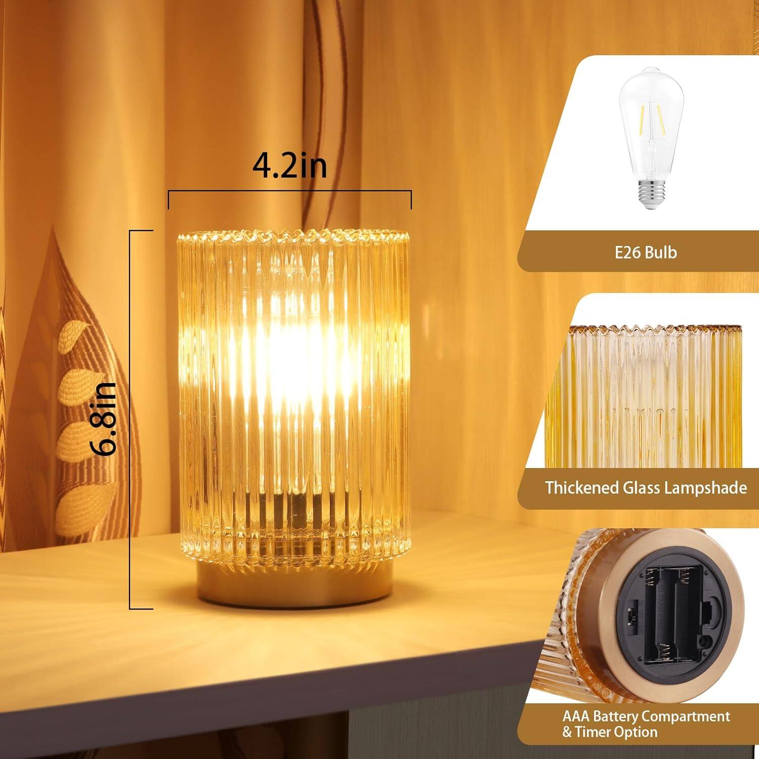 4.2in E26 Bulb  
6.8in Thickened Glass Lampshade  
AAA Battery Compartment & Timer Option