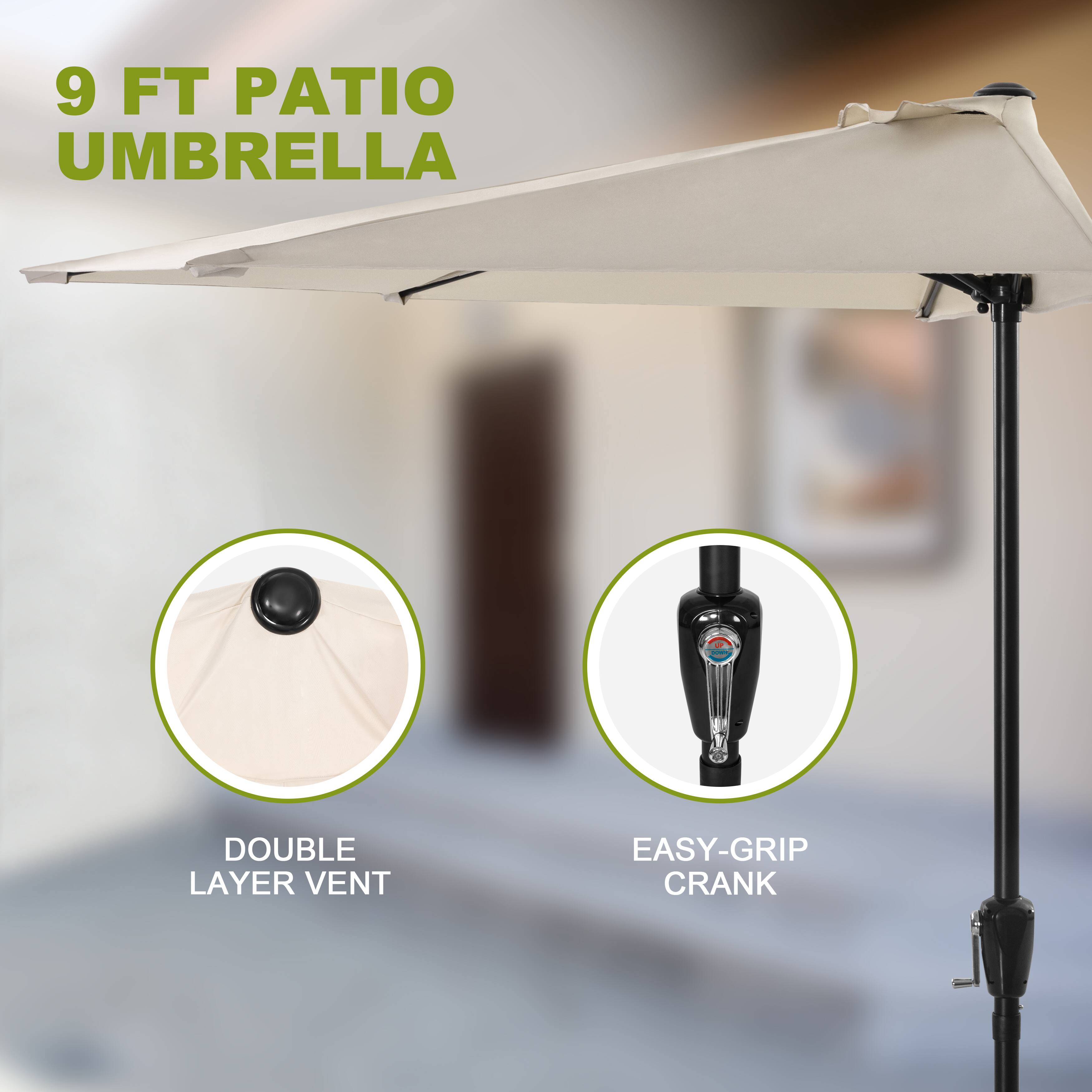 9 FT Patio Umbrella  
Double Layer Vent  
Easy-Grip Crank