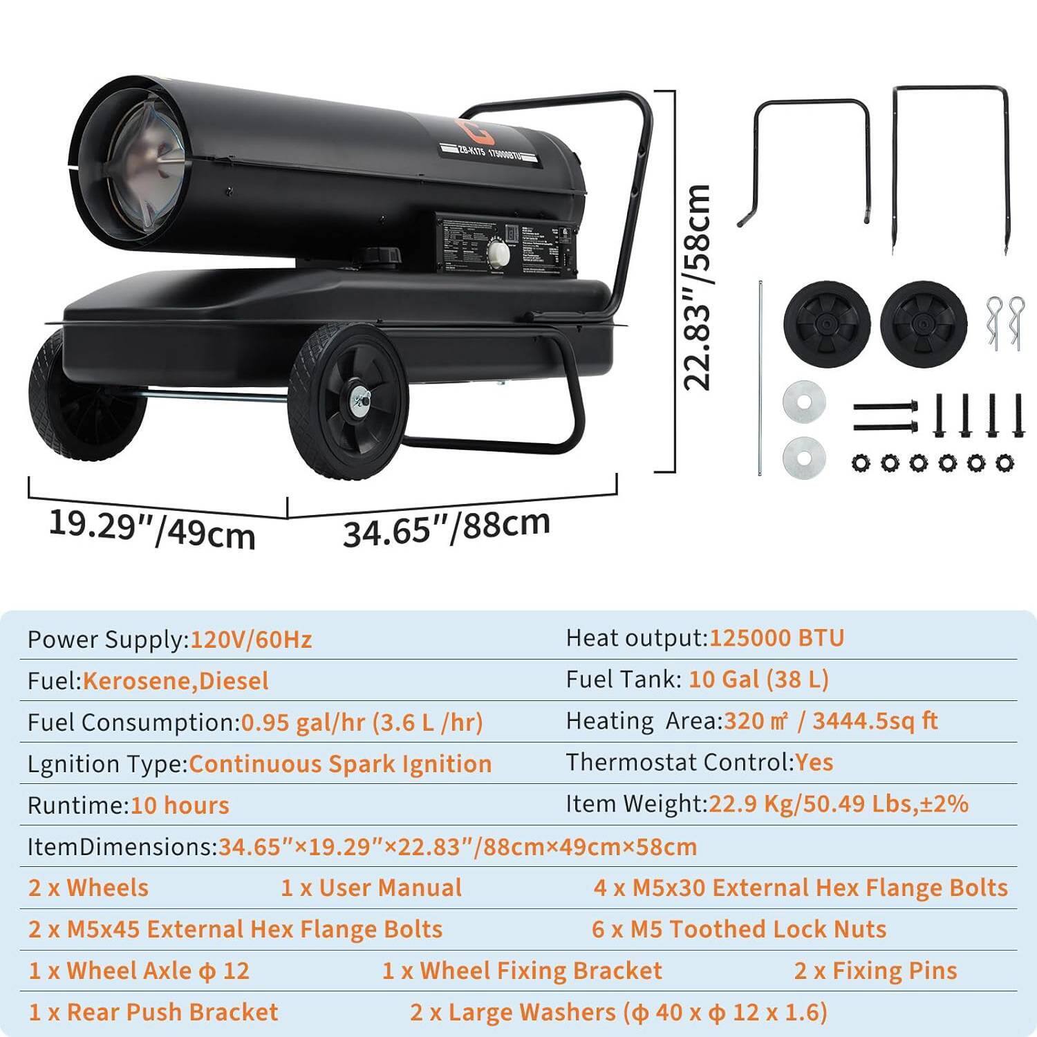 Alt View 1. Acekool - 125000 BTUs Kerosene Forced Air Heater with Thermostat, 10 Gallon Tank for Construction Sites, Warehouses, and Workshops.