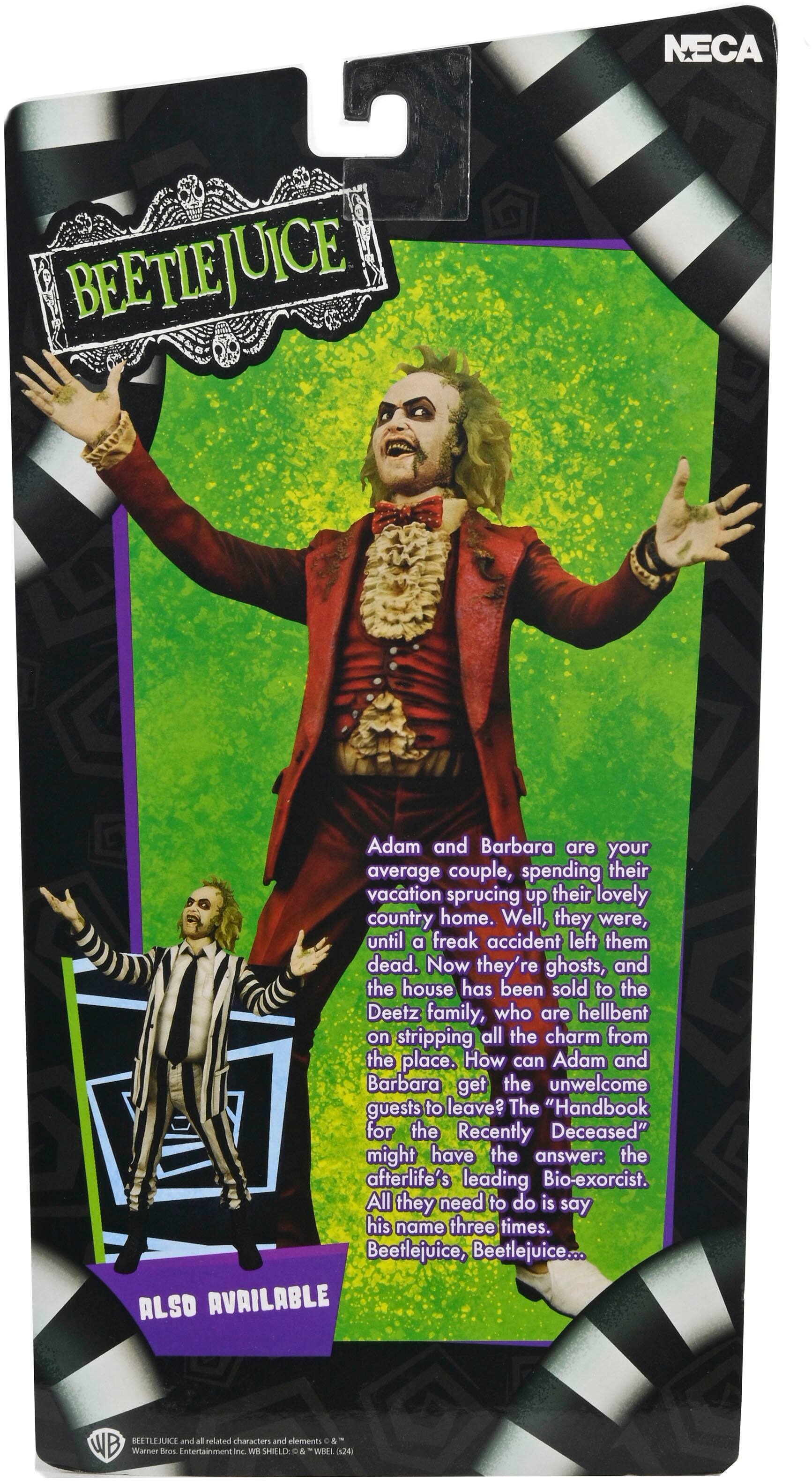 The image features a Beetlejuice action figure from the movie Beetlejuice. The figure is wearing a red and gold suit and is holding his arms out. The figure is accompanied by a card that provides information about the character and his role in the movie. The card also includes a quote from the movie. The Beetlejuice action figure is part of the Neca line of toys.