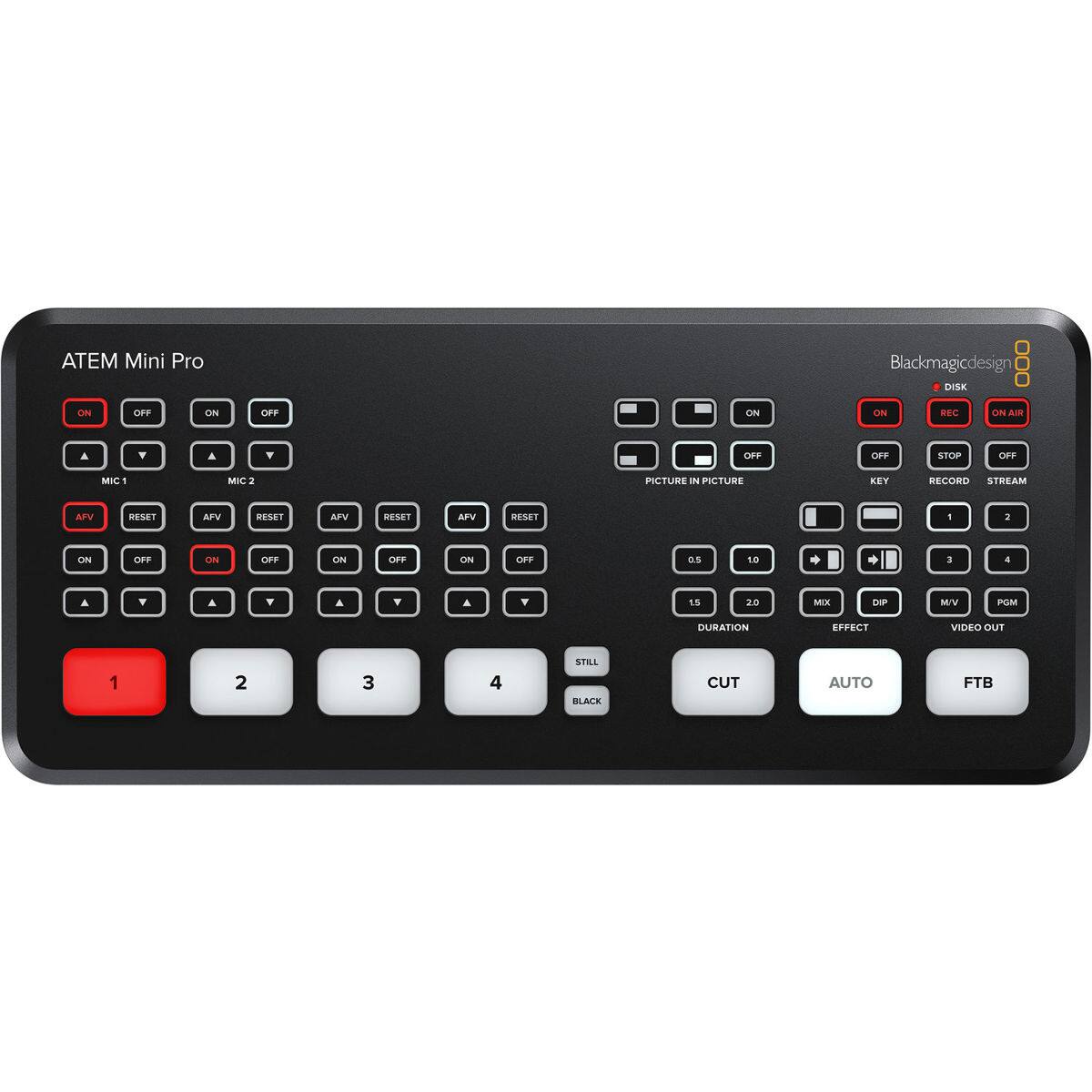 ATEM Mini Pro

Blackmagicdesign

ON OFF ON OFF ON

MIC 1 MIC 2

AFV RESET AFV RESET AFV RESET AFV RESET

1 2 3 4

CUT AUTO FTB

DISK REC ON AIR

OFF STOP OFF

KEY RECORD STREAM

0.5 1.0 1.5 2.0

MIX DIP MV PGM

DURATION EFFECT

VIDEO OUT 1 2 3 4

PICTURE IN PICTURE

STILL BLACK
