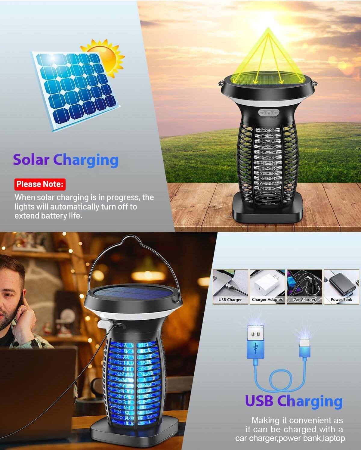 Solar Charging  
Please Note:  
When solar charging is in progress, the lights will automatically turn off to extend battery life.

USB Charging  
Making it convenient as it can be charged with a car charger, power bank, laptop